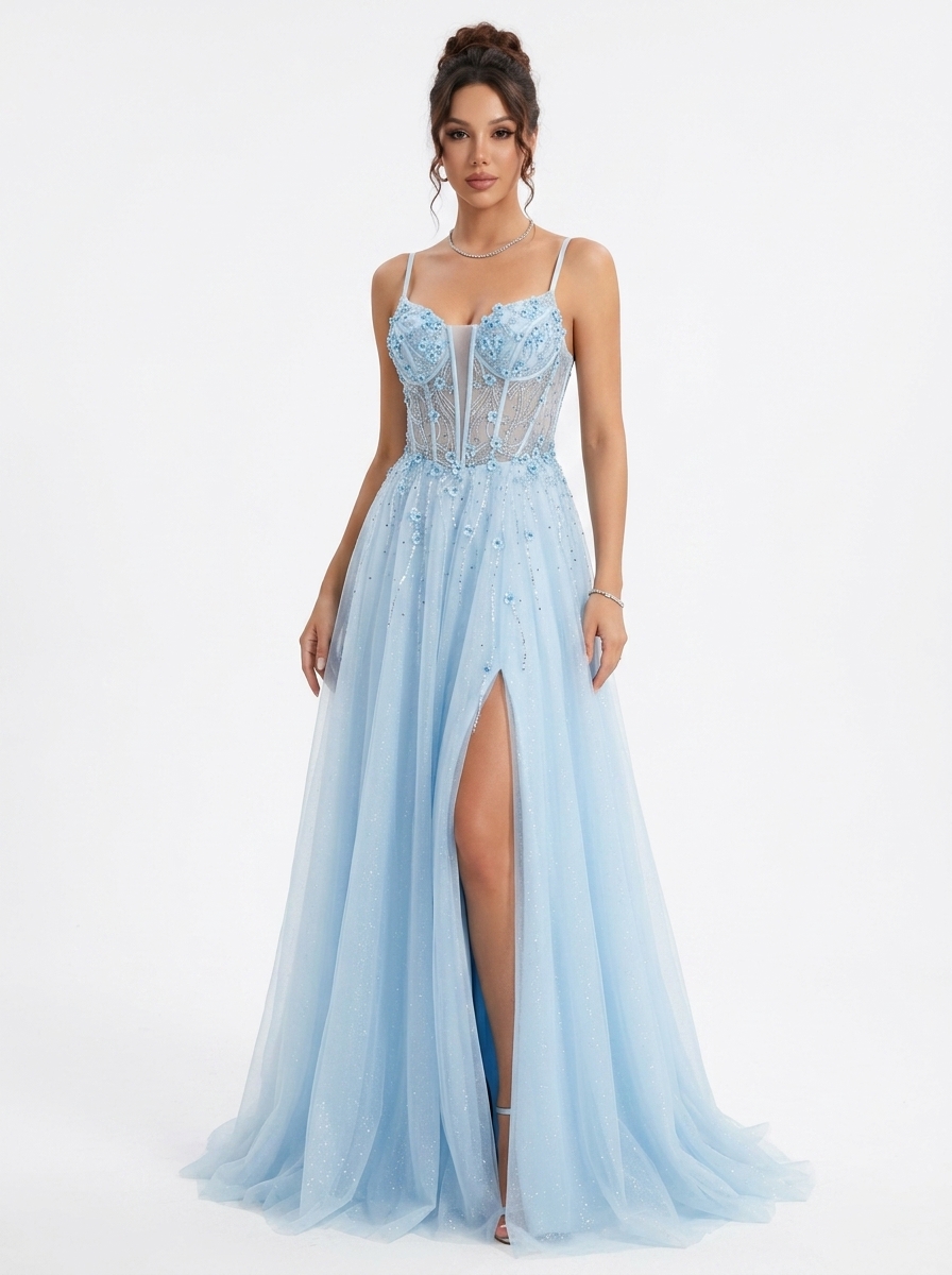 SPU - 608S20LF012 Sky Blue Beaded Spaghetti Strap A‑Line Gown