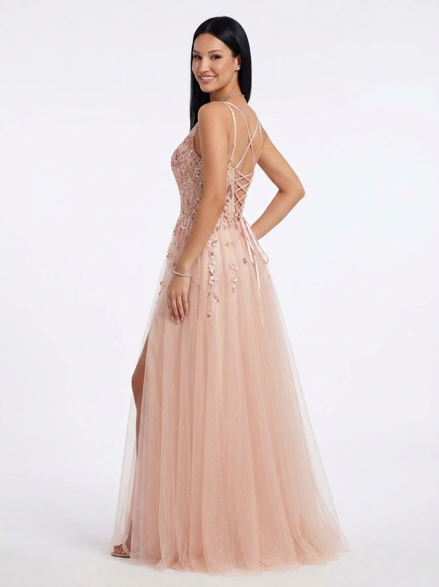 SPU - 608S20LF013 Blush Pink Sequin Spaghetti Strap Prom Gown