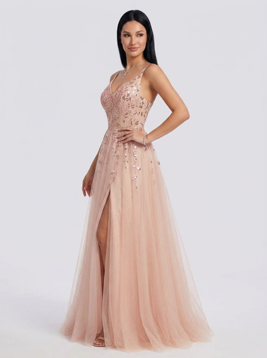 SPU - 608S20LF013 Blush Pink Sequin Spaghetti Strap Prom Gown