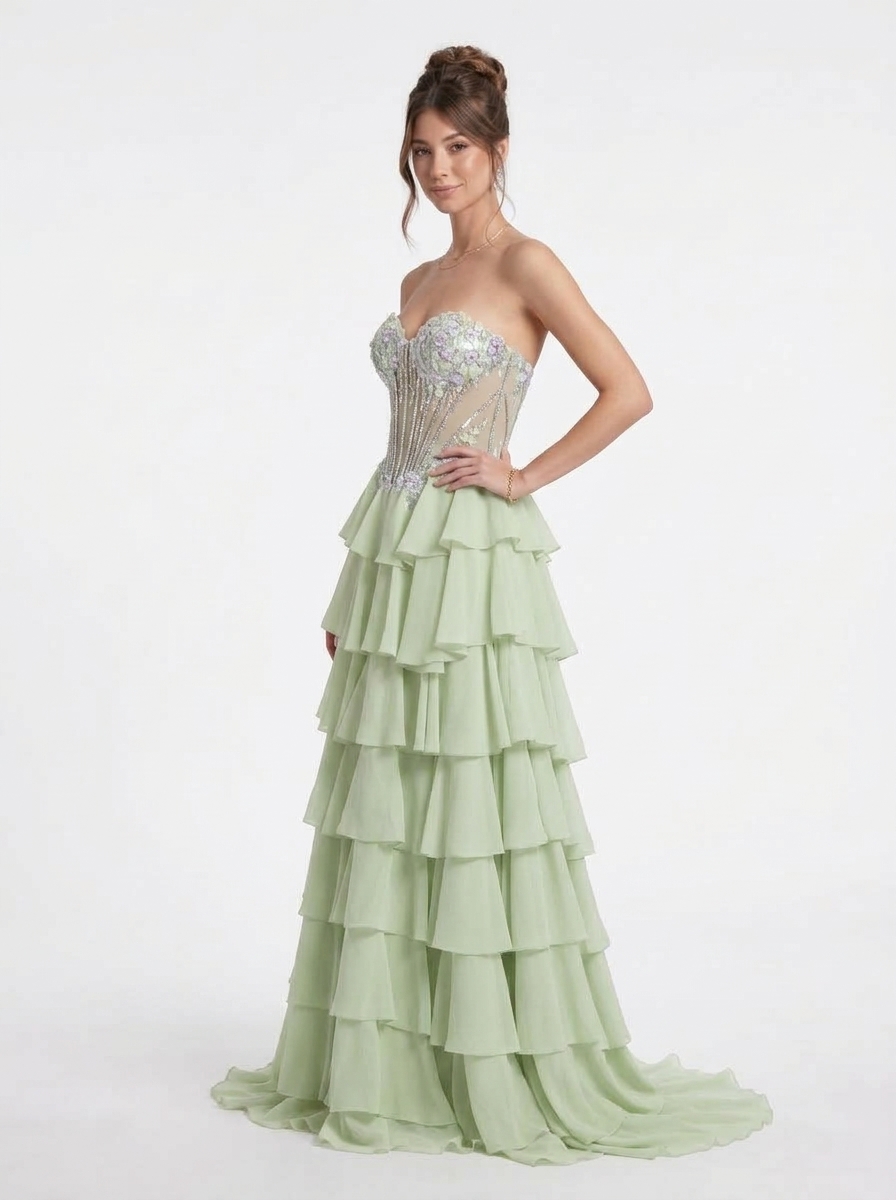SPU - 608S20LF019 Lime Floral Tiered Prom Dress