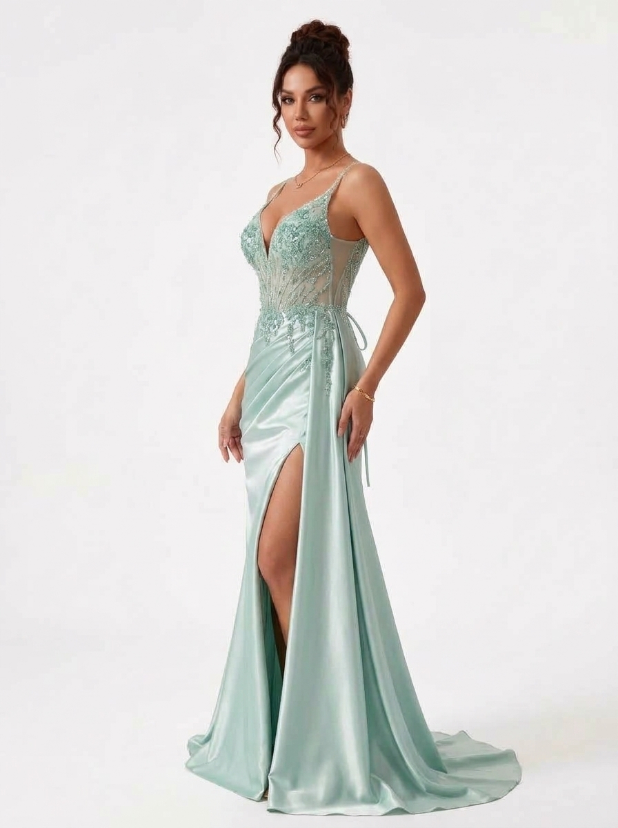 SPU - 608S20LF028 Sage Spaghetti Strap Slit Evening Dress 