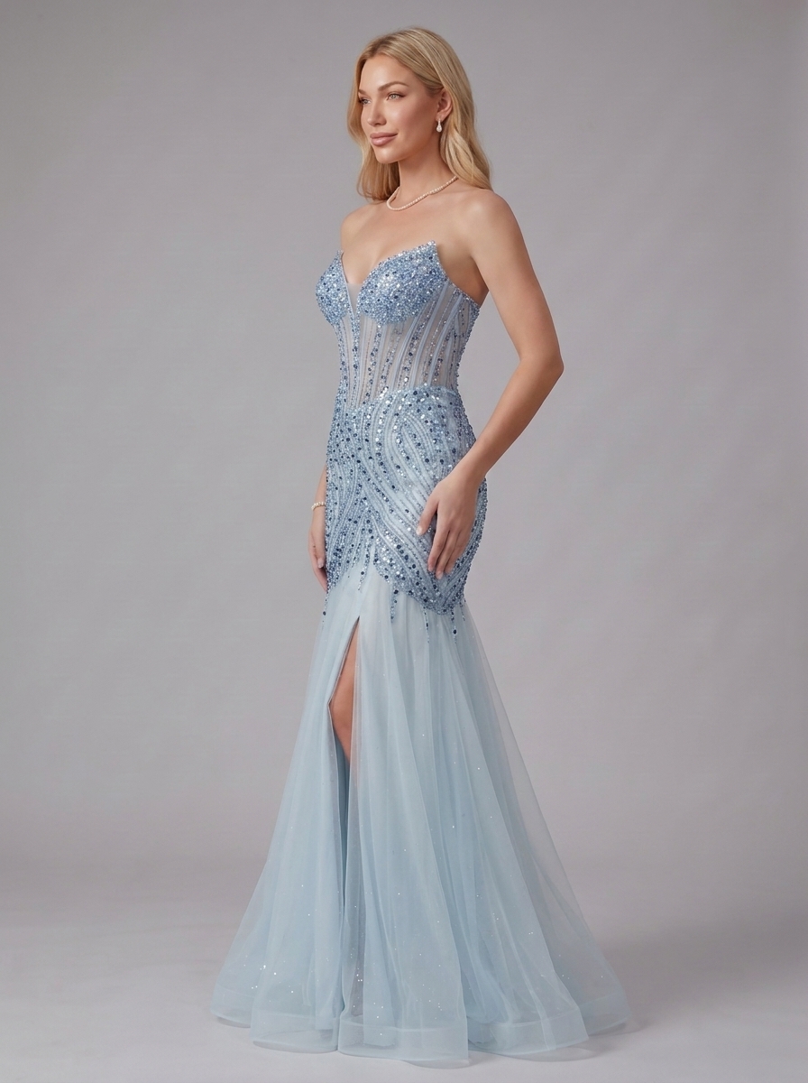 SPU - 608S20LF003 Sky Blue Beaded Sheer Mermaid Evening Gown