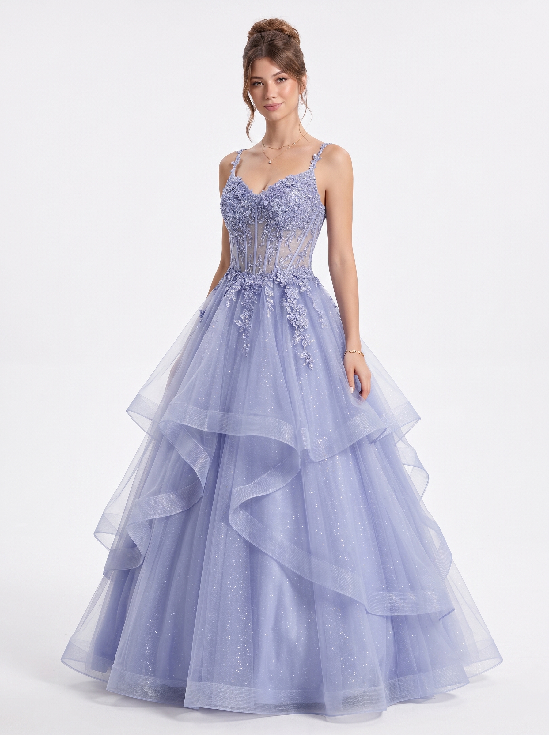 SPU - 608S20LF008 Lavender Blue Floral Tiered Tulle Gown