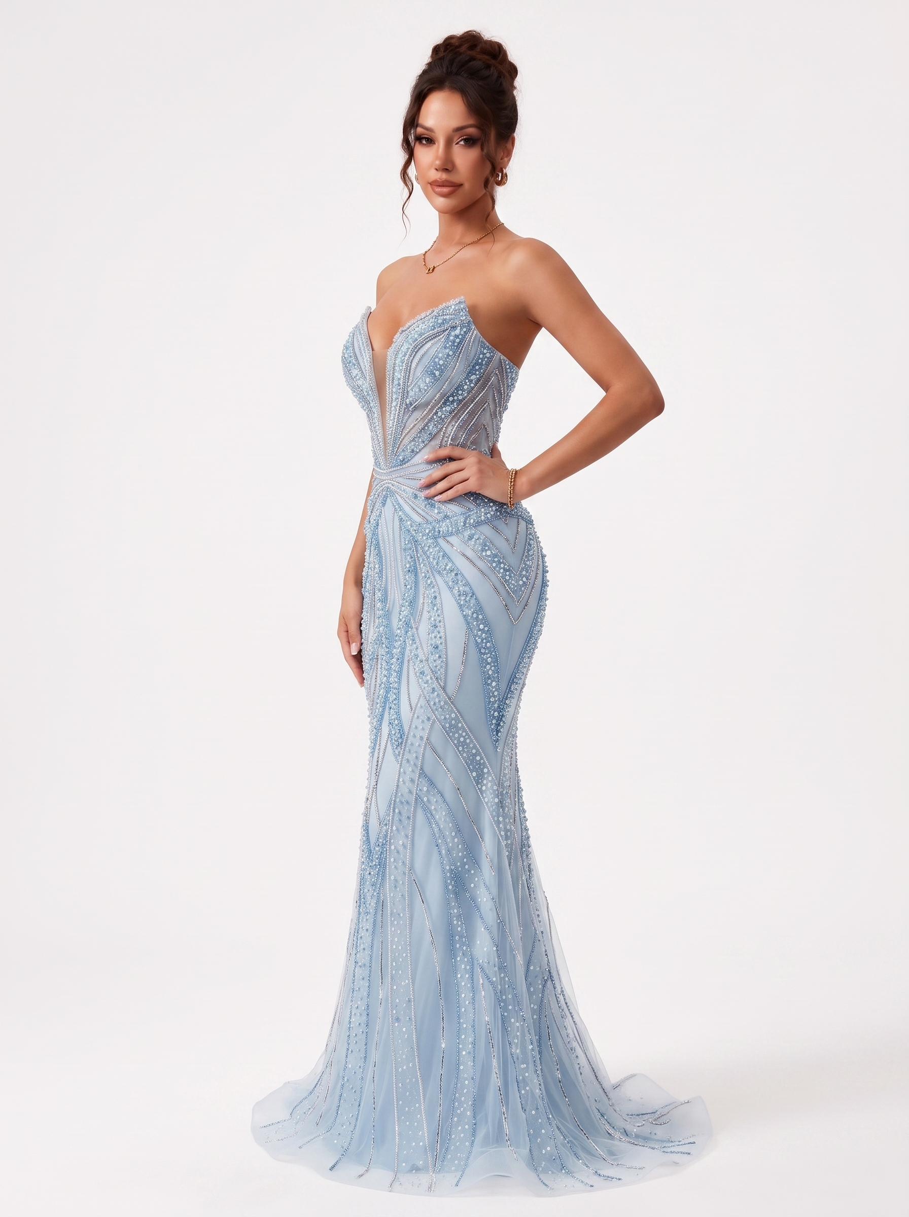 SPU - 608S20LF014 Sky Blue Beaded Strapless Mermaid Evening Gown