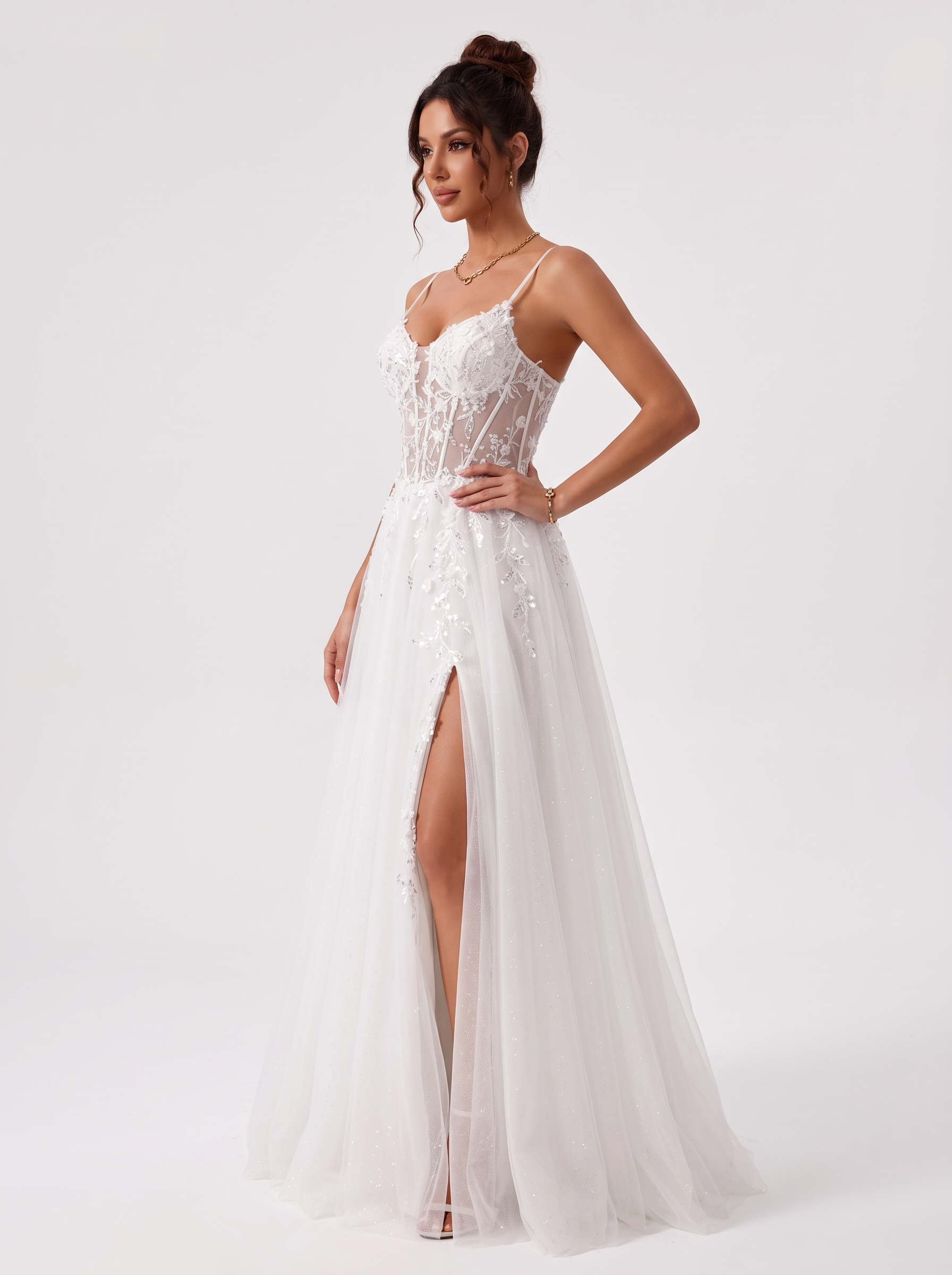 SPU - 608S20LF017 White Lace Spaghetti Strap A‑Line Wedding Gown