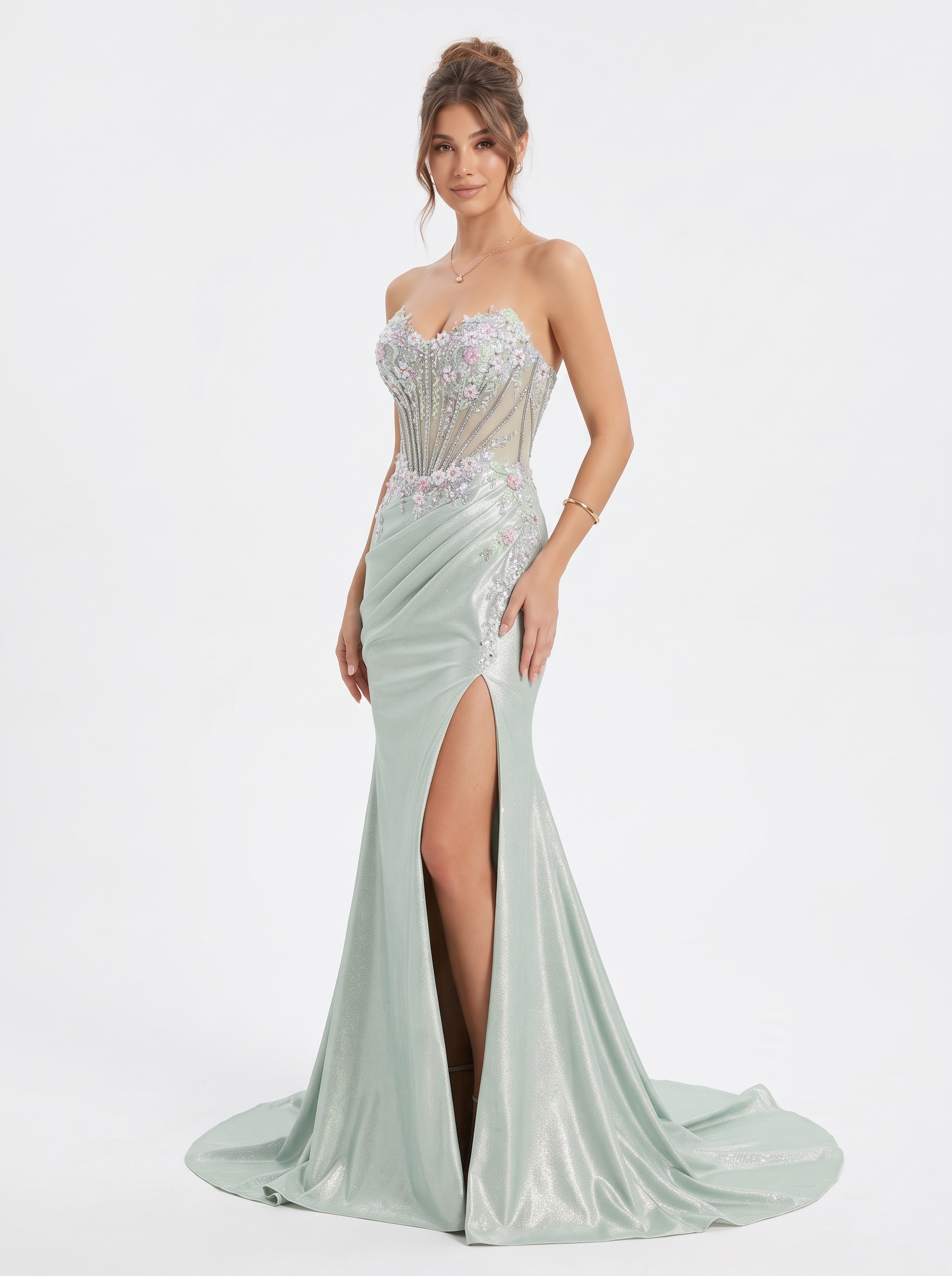SPU - 608S20LF027 Sage Beaded Corset Slit Mermaid Gown