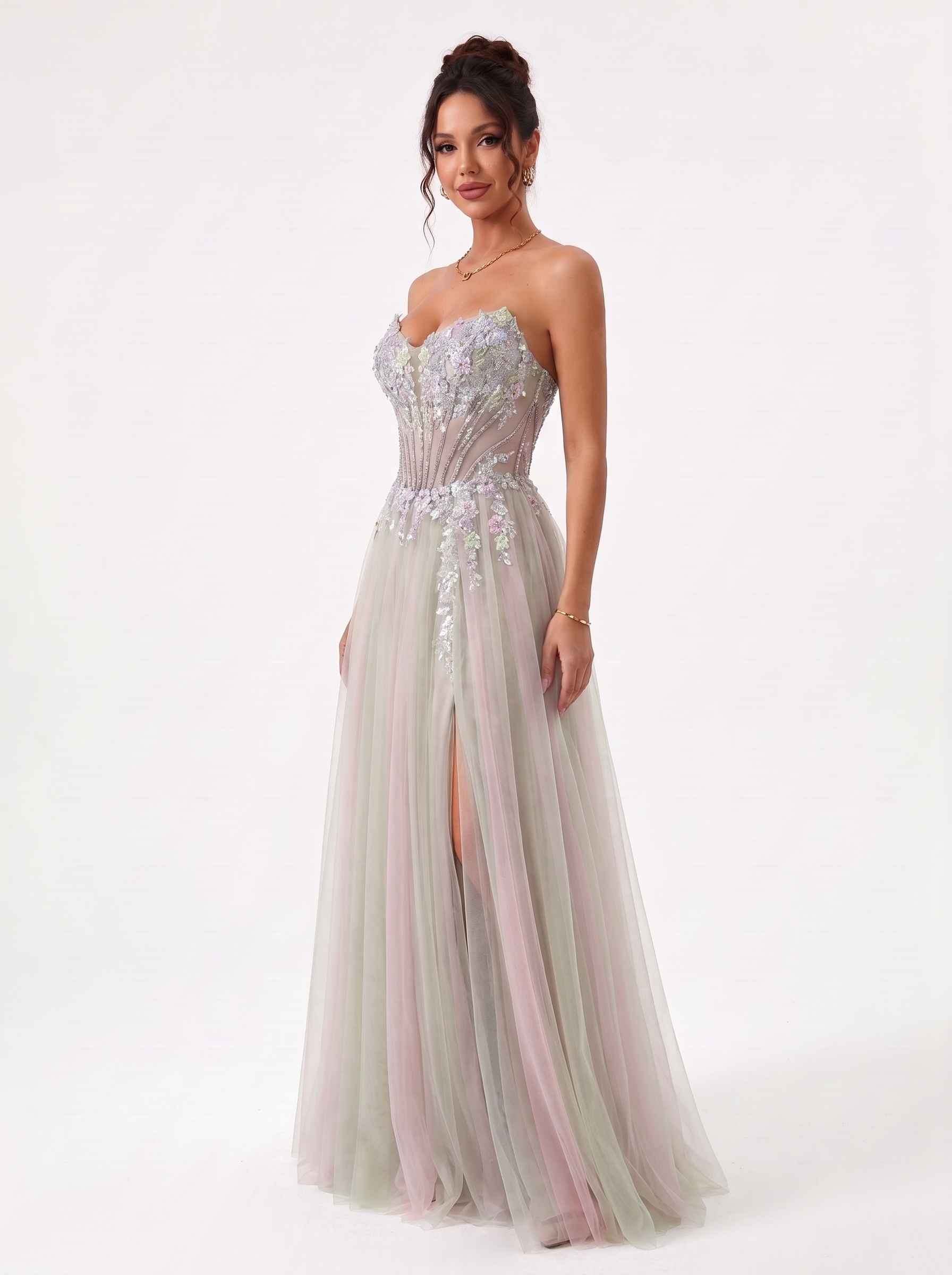 SPU - 608S20LF032 Pastel Floral Beaded Tulle Prom Gown
