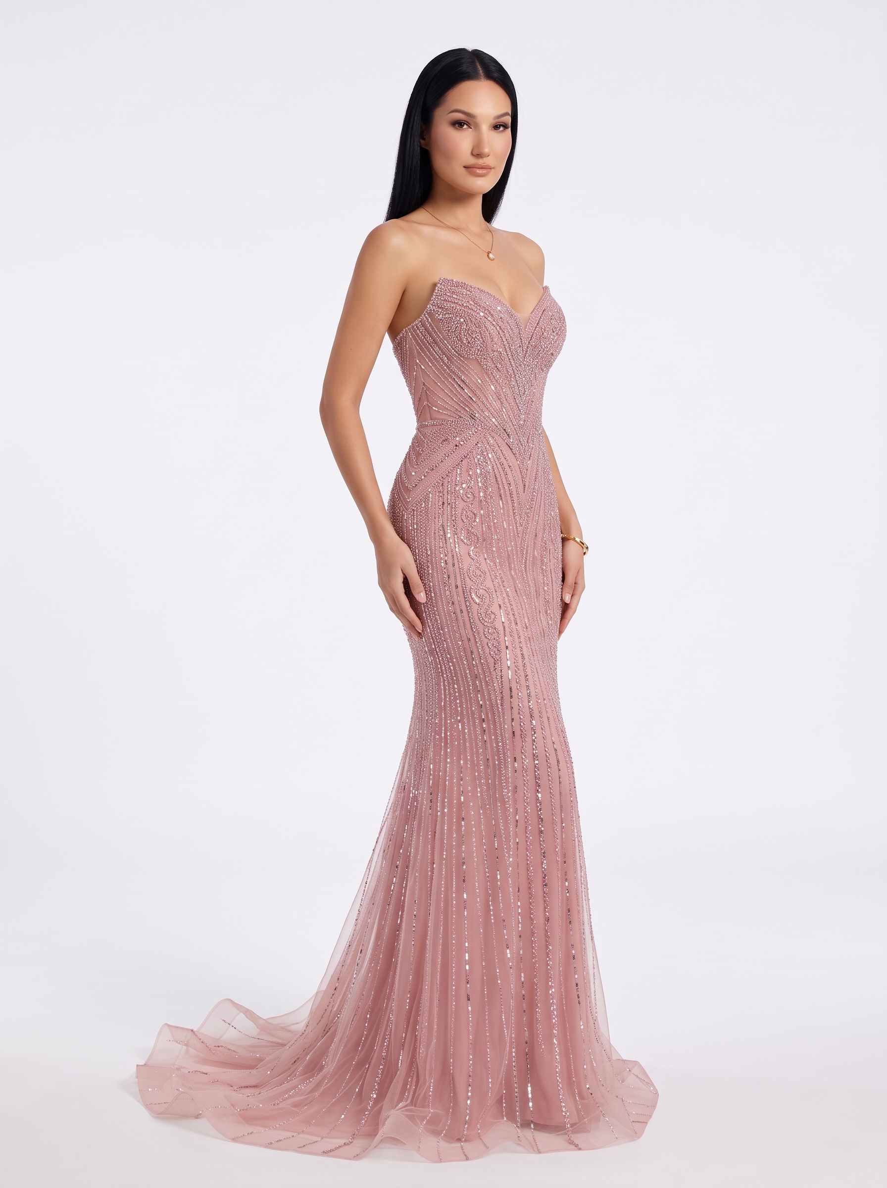 SPU - 608S20LF033 Dusty Pink Fully Beaded Mermaid Dress