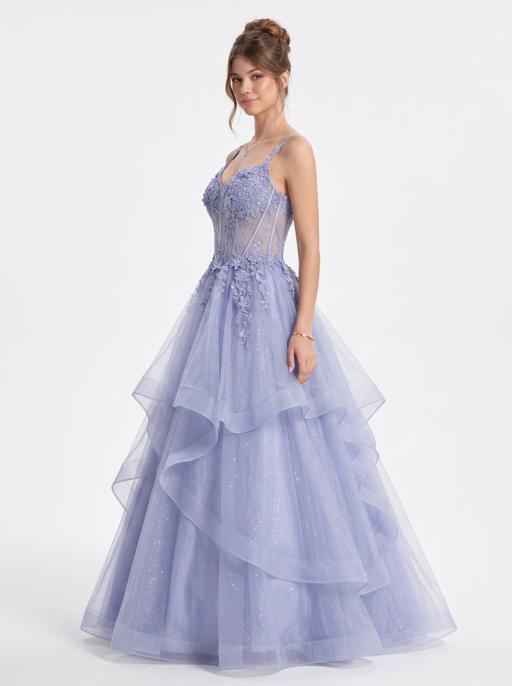 SPU - 608S20LF008 Lavender Blue Floral Tiered Tulle Gown