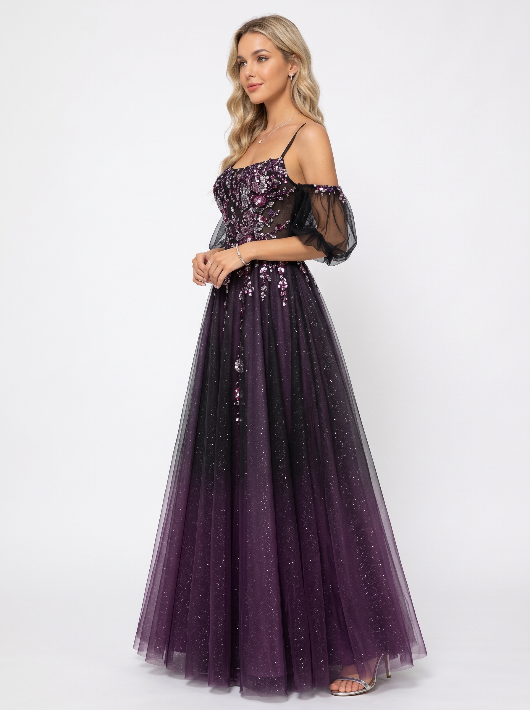 SPU - 608S20LF016 Dark Purple Floral Off‑Shoulder Tulle Gown