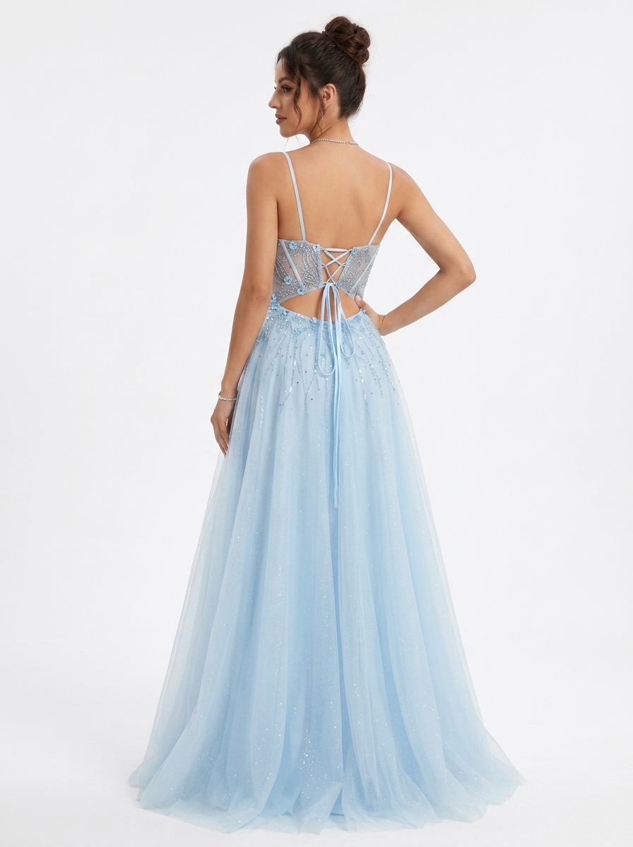 SPU - 608S20LF012 Sky Blue Beaded Spaghetti Strap A‑Line Gown