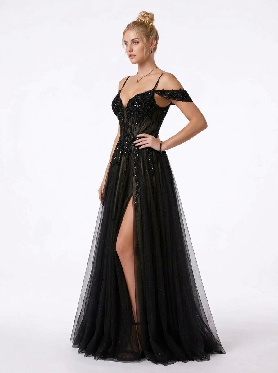 SPU - 608S20LF031 Black Off‑the‑Shoulder Tulle Evening Gown