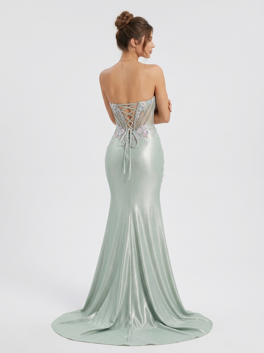 SPU - 608S20LF027 Sage Beaded Corset Slit Mermaid Gown