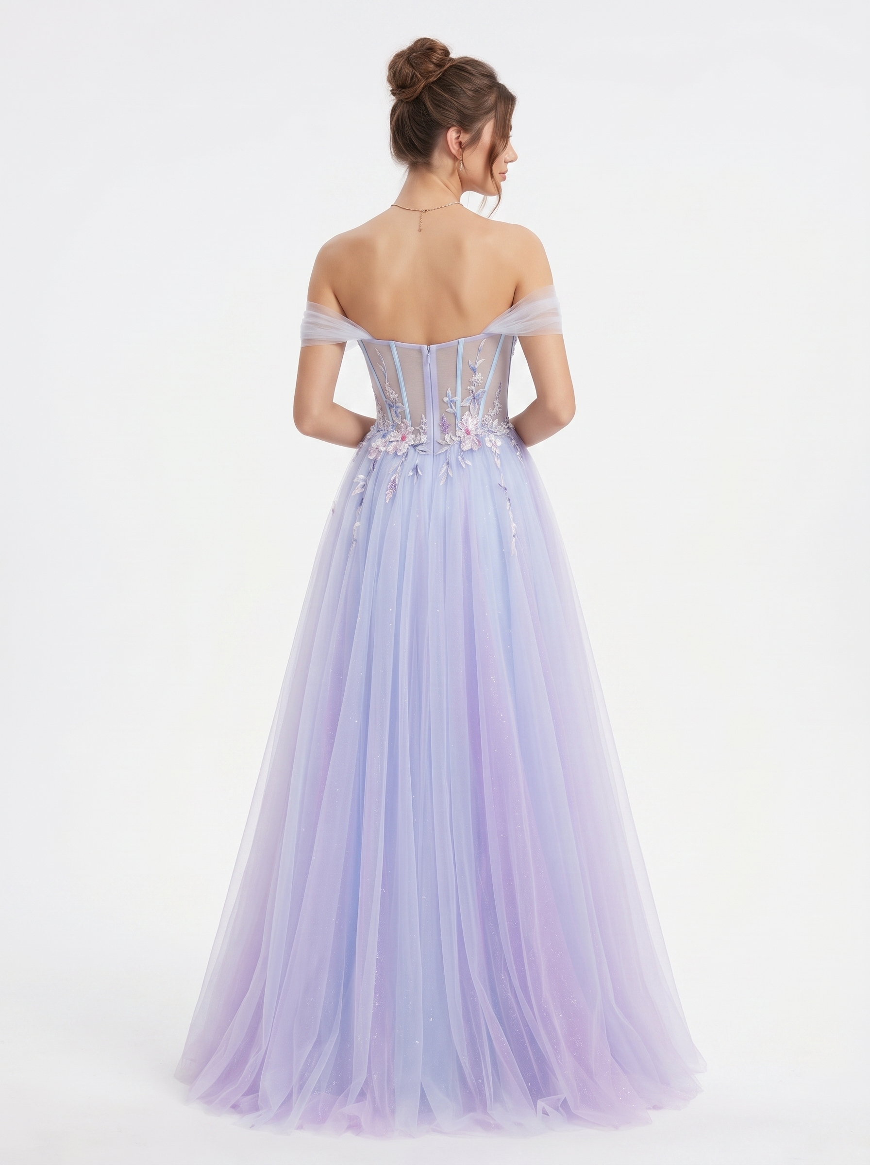 SPU - 608S20LF015 Lavender Floral Off‑Shoulder Tulle Gown