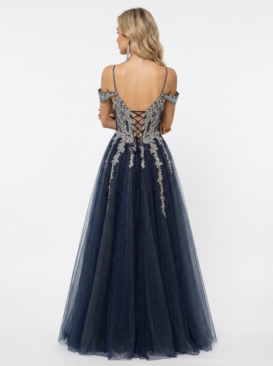 SPU - 608S20LF009 Navy Blue Gold Lace Off‑Shoulder Gown