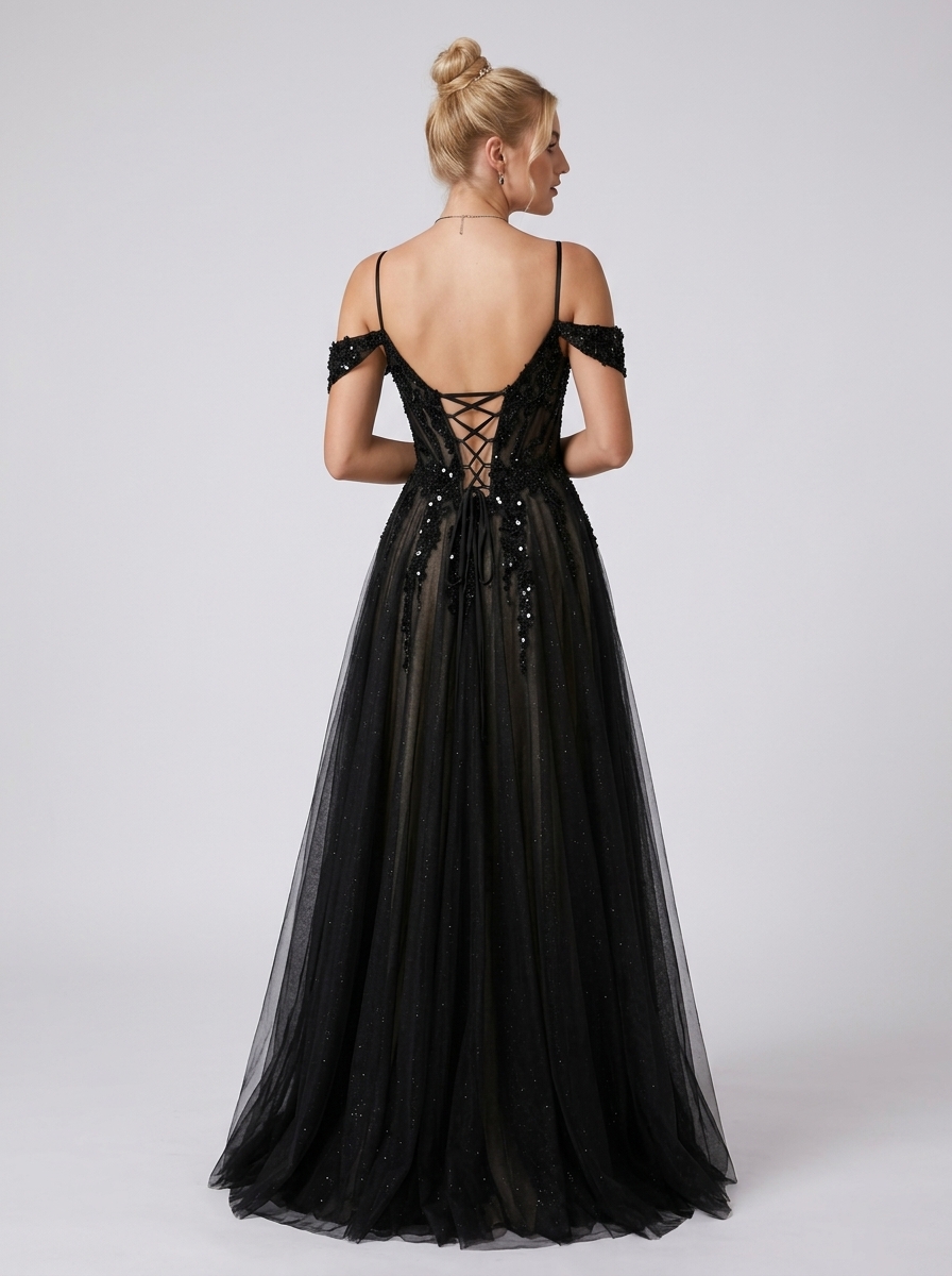 SPU - 608S20LF031 Black Off‑the‑Shoulder Tulle Evening Gown