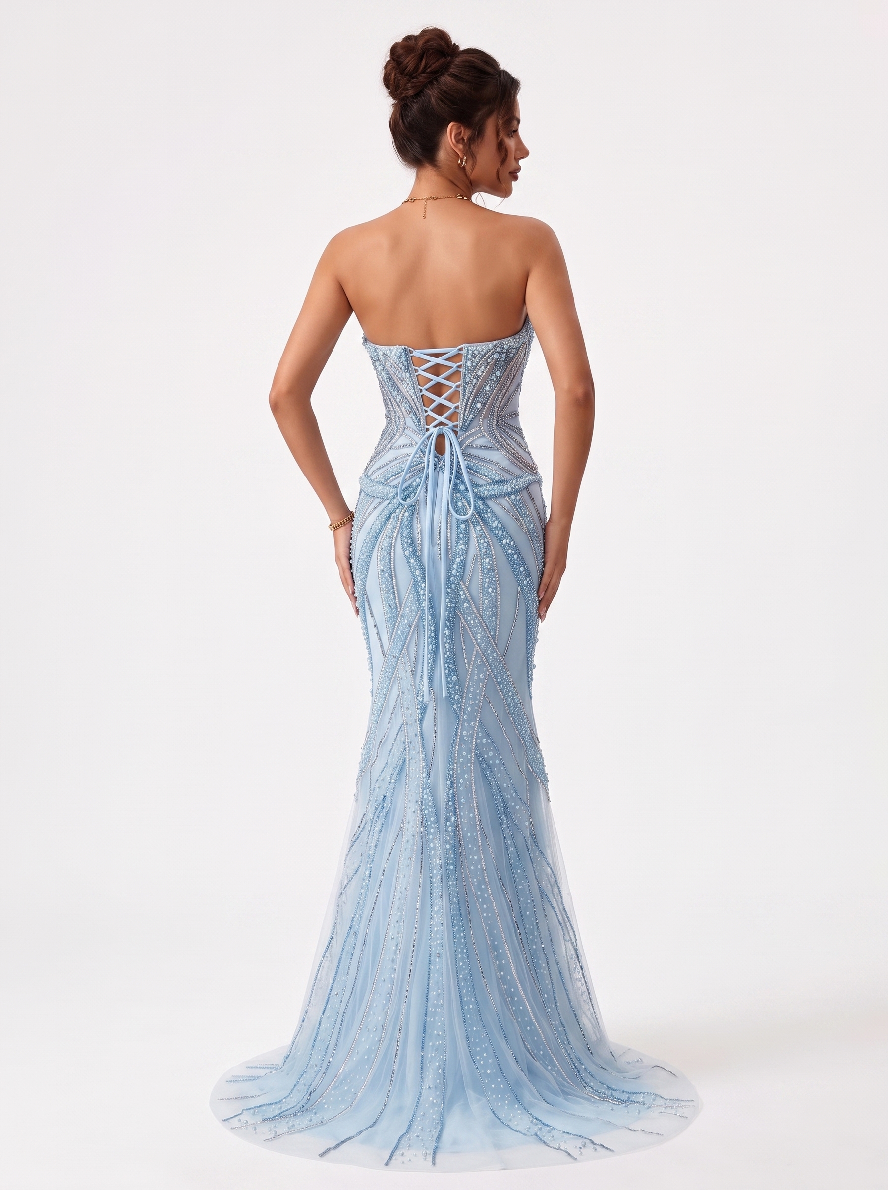 SPU - 608S20LF014 Sky Blue Beaded Strapless Mermaid Evening Gown