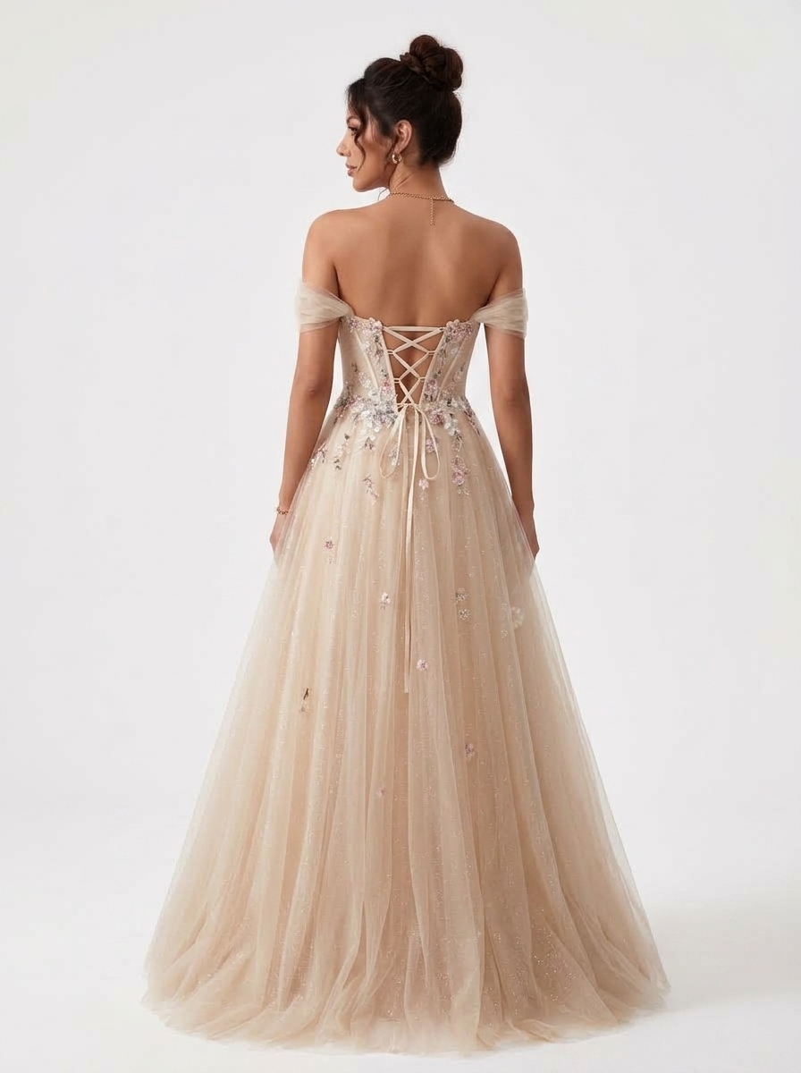 SPU - 608S20LF010 Champagne Floral Off‑Shoulder Tulle Gown
