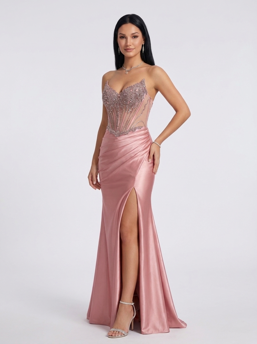 SPU - 608S20LF029 Dusty Pink Beaded Corset Mermaid Gown