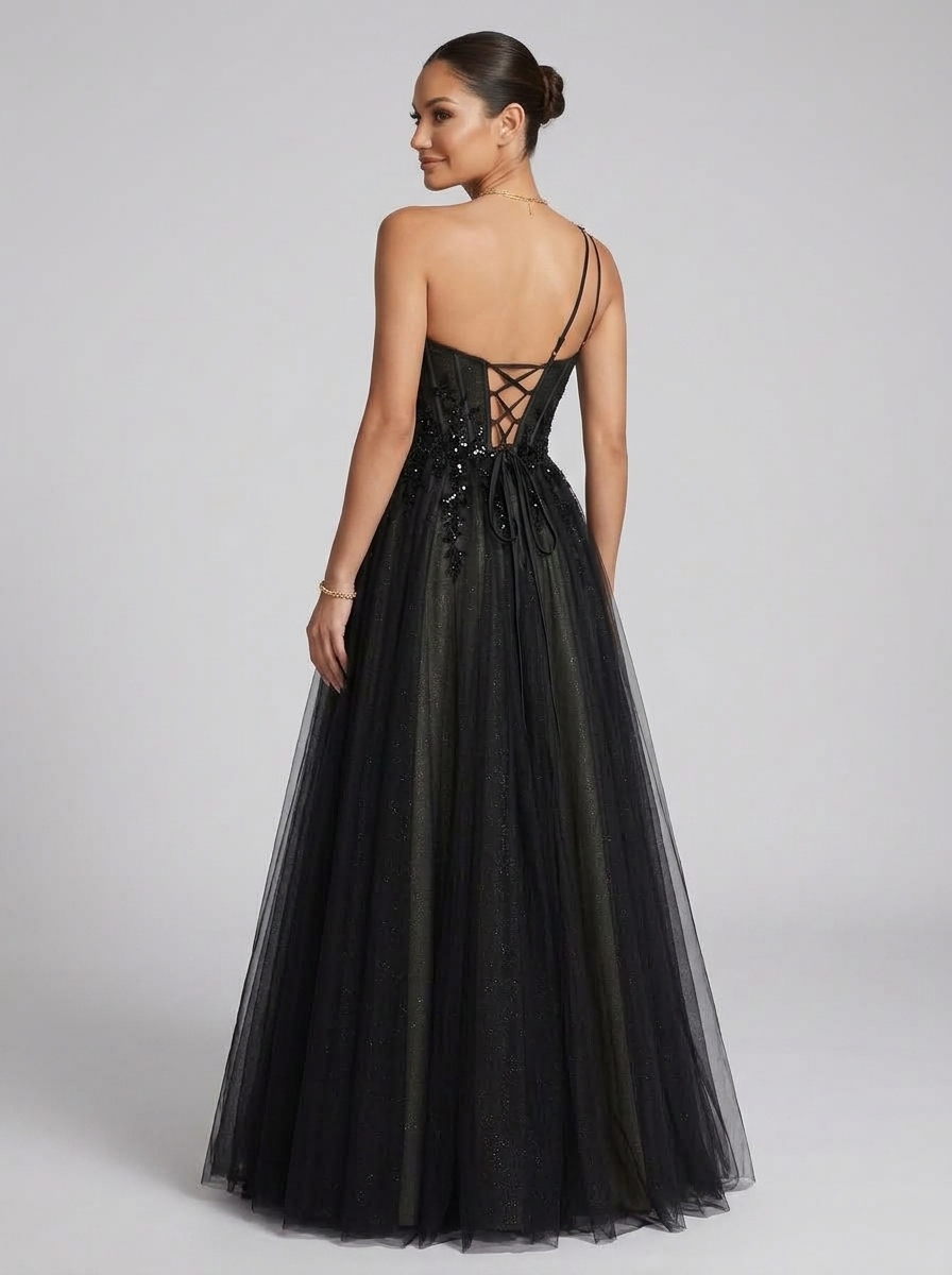 SPU - 608S20LF001 One‑Shoulder Tulle Lace A‑Line Evening Gown