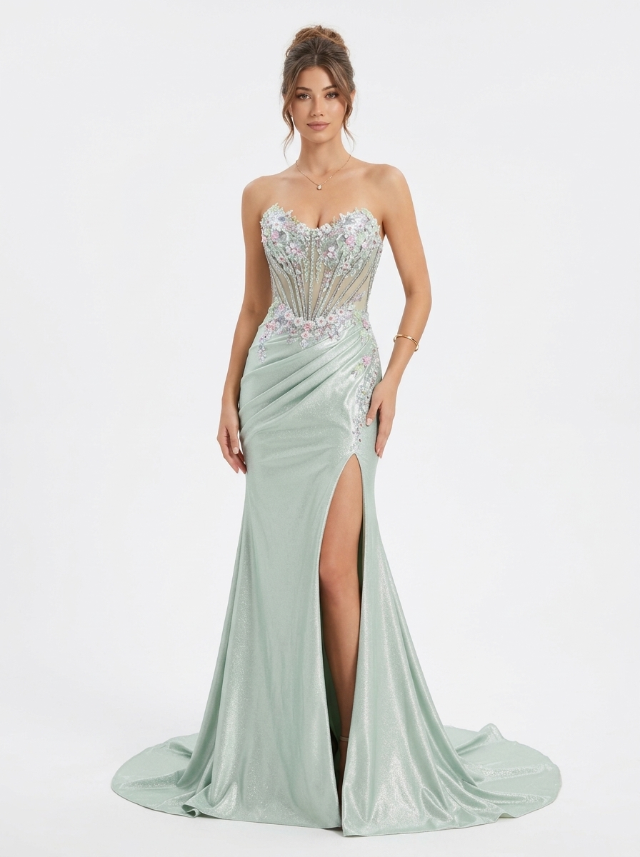 SPU - 608S20LF027 Sage Beaded Corset Slit Mermaid Gown