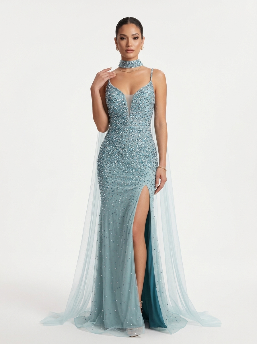 SPU- 608S40LF003 Teal Beaded Slit Mermaid Prom Dress