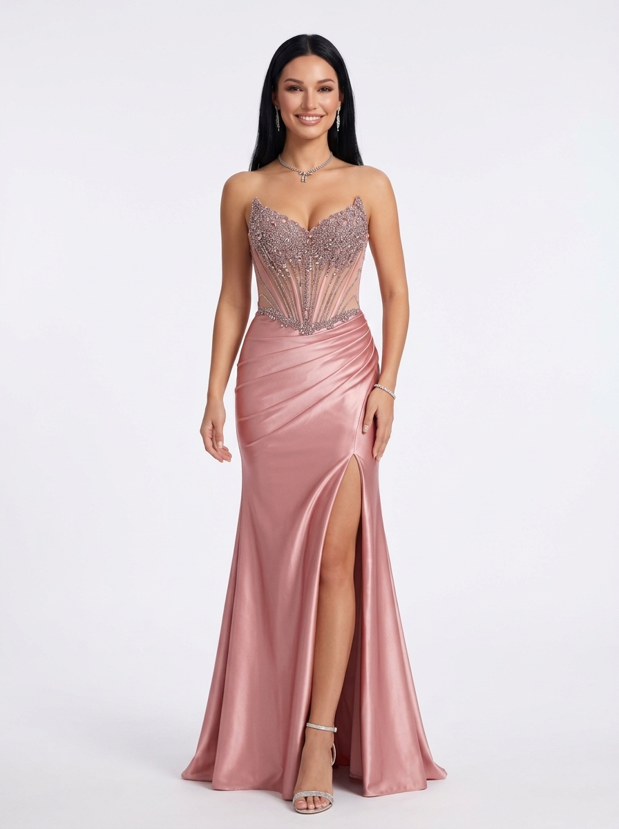 SPU - 608S20LF029 Dusty Pink Beaded Corset Mermaid Gown