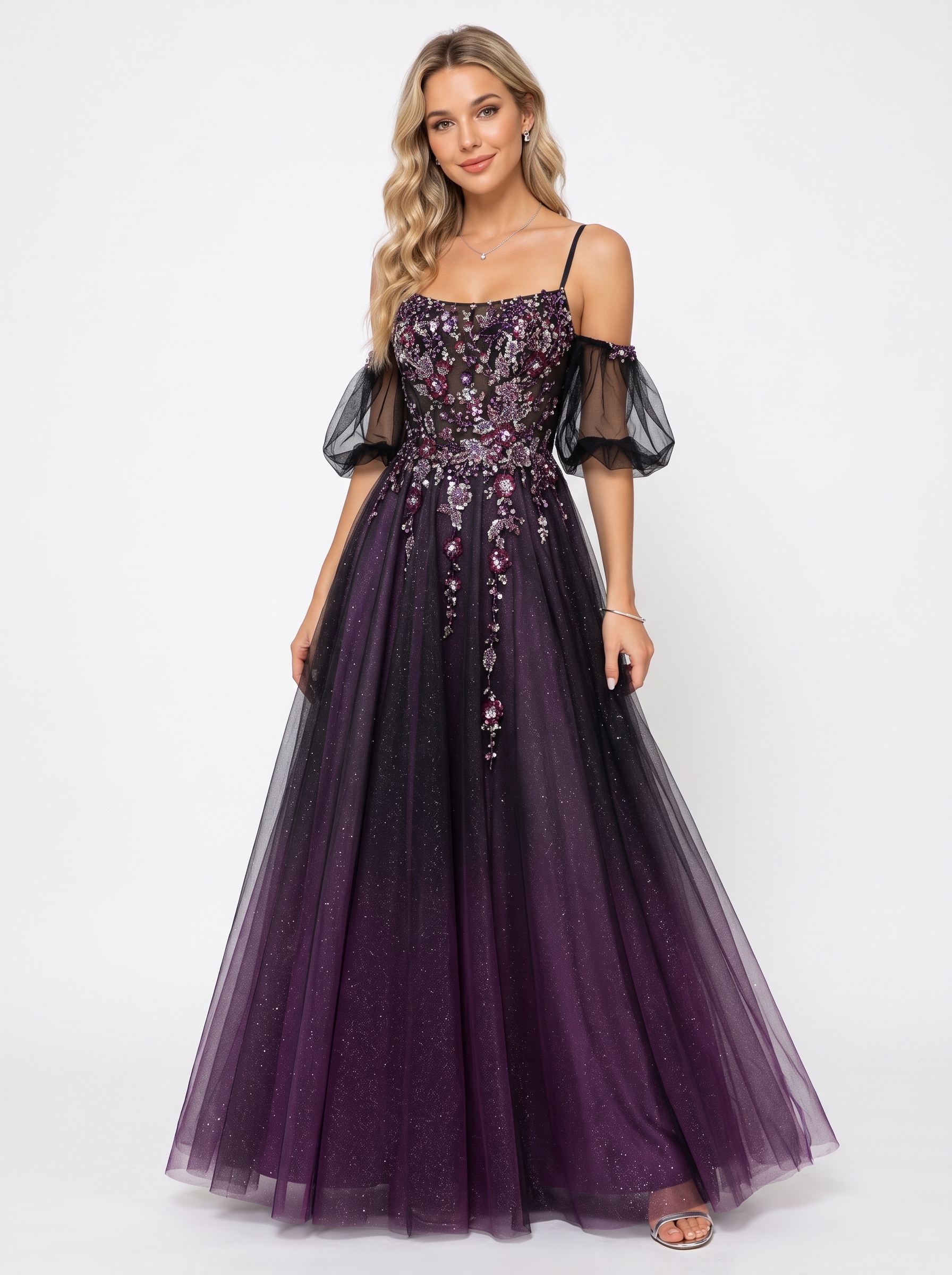 SPU - 608S20LF016 Dark Purple Floral Off‑Shoulder Tulle Gown