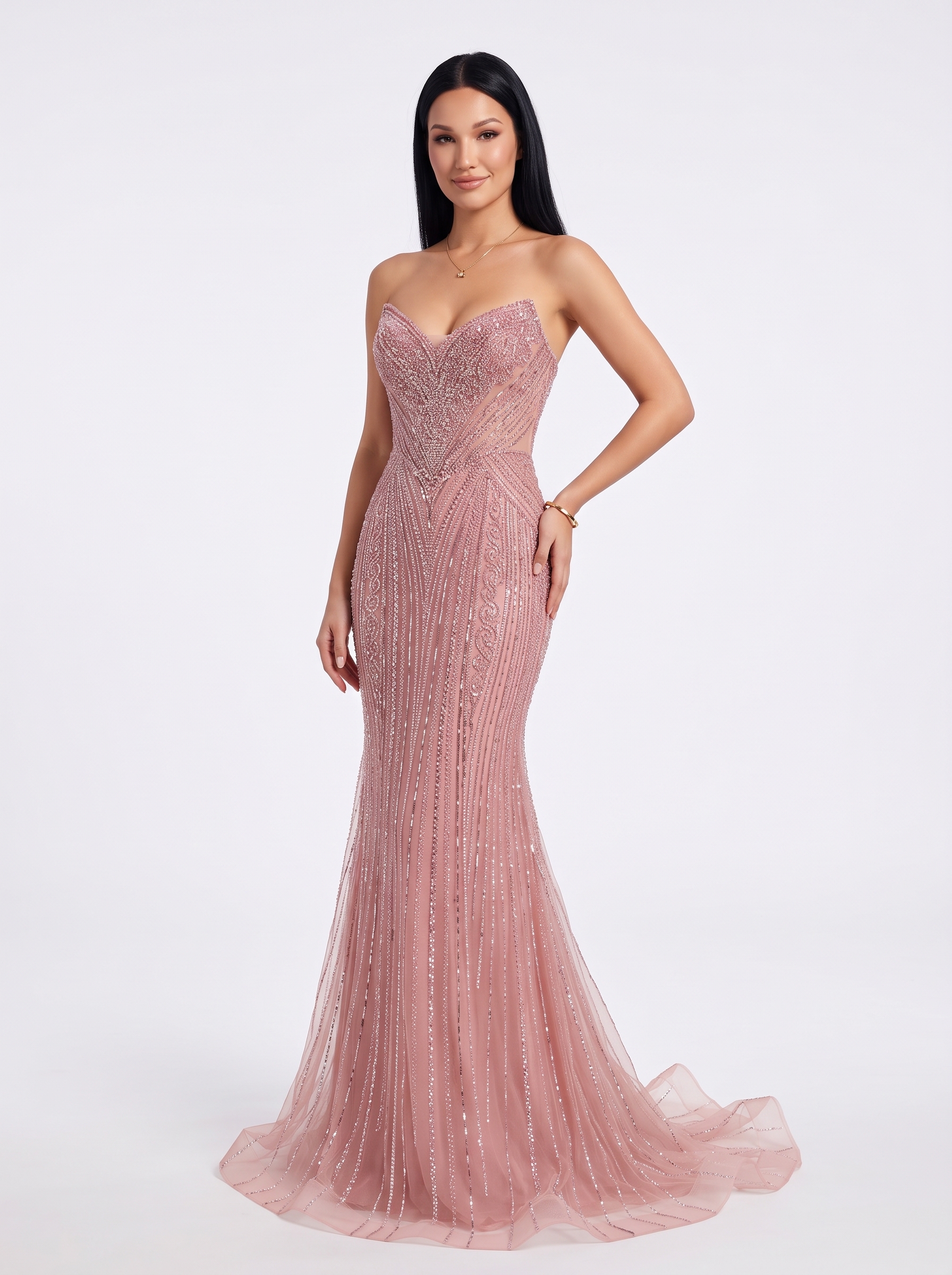 SPU - 608S20LF033 Dusty Pink Fully Beaded Mermaid Dress