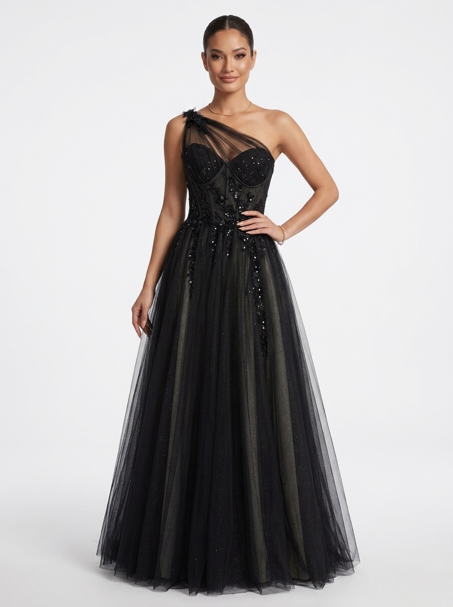 SPU - 608S20LF001 One‑Shoulder Tulle Lace A‑Line Evening Gown