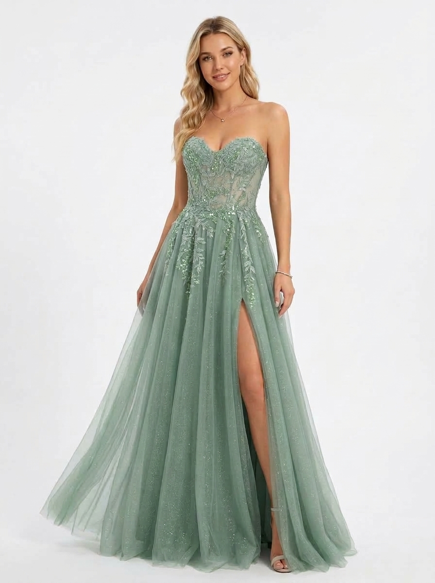 SPU - 608S20LF030 Sage Lace Appliqued Tulle Prom Dress