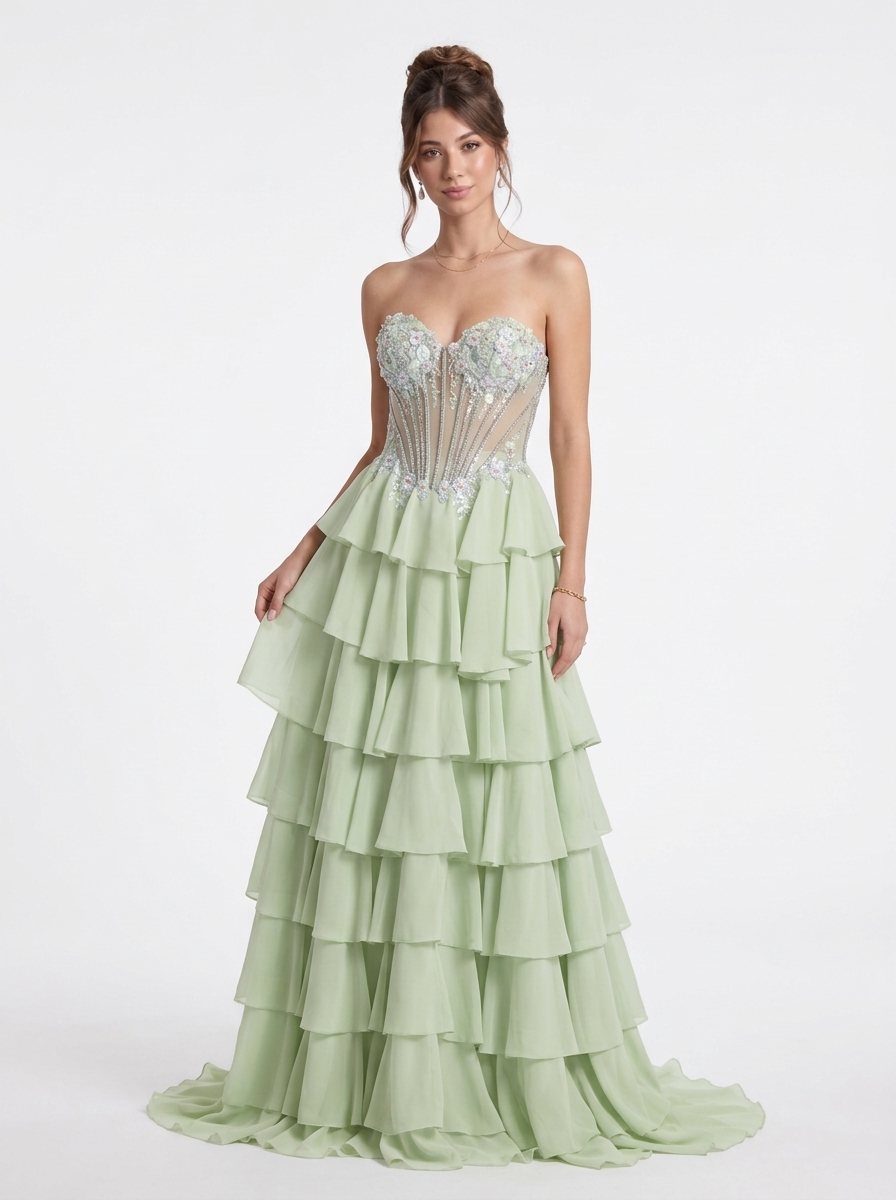 SPU - 608S20LF019 Lime Floral Tiered Prom Dress