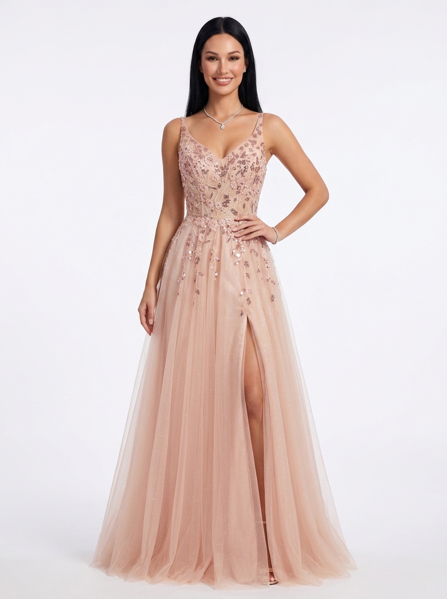 SPU - 608S20LF013 Blush Pink Sequin Spaghetti Strap Prom Gown
