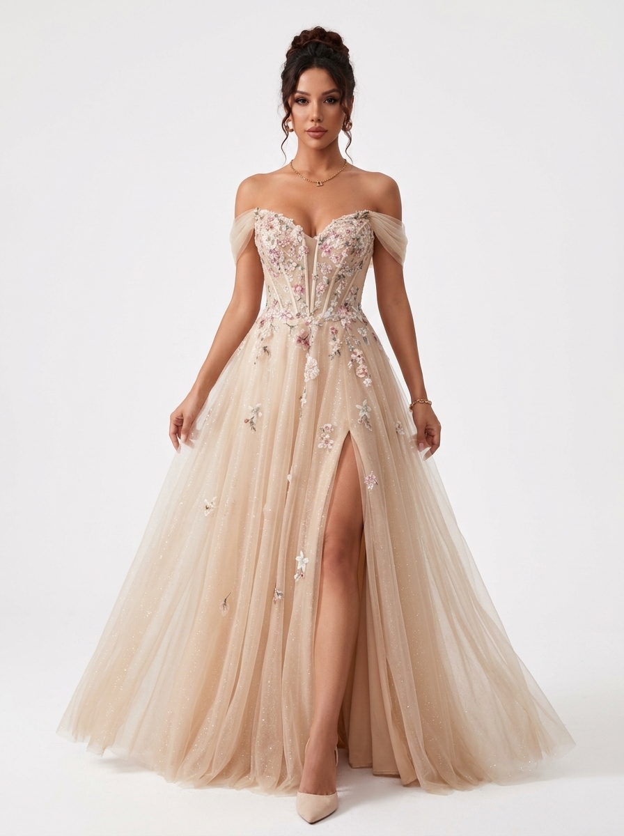 SPU - 608S20LF010 Champagne Floral Off‑Shoulder Tulle Gown