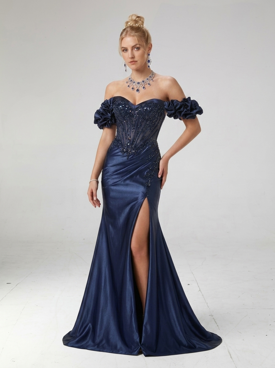 SPU - 608S20LF002 Navy Blue Off‑Shoulder Slit Mermaid Gown