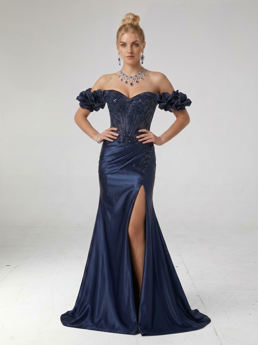 SPU - 608S20LF002 Navy Blue Off‑Shoulder Slit Mermaid Gown