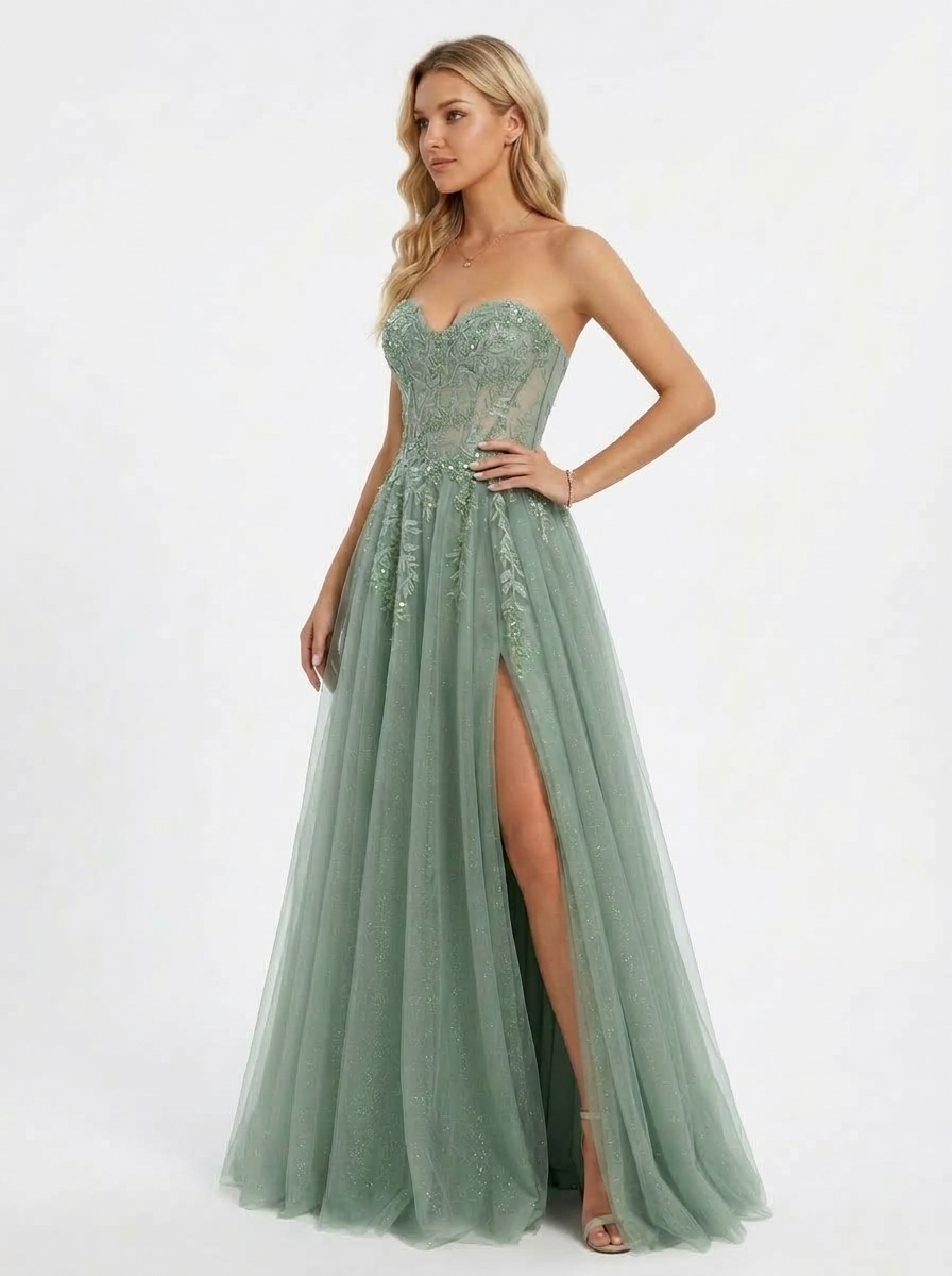 SPU - 608S20LF030 Sage Lace Appliqued Tulle Prom Dress