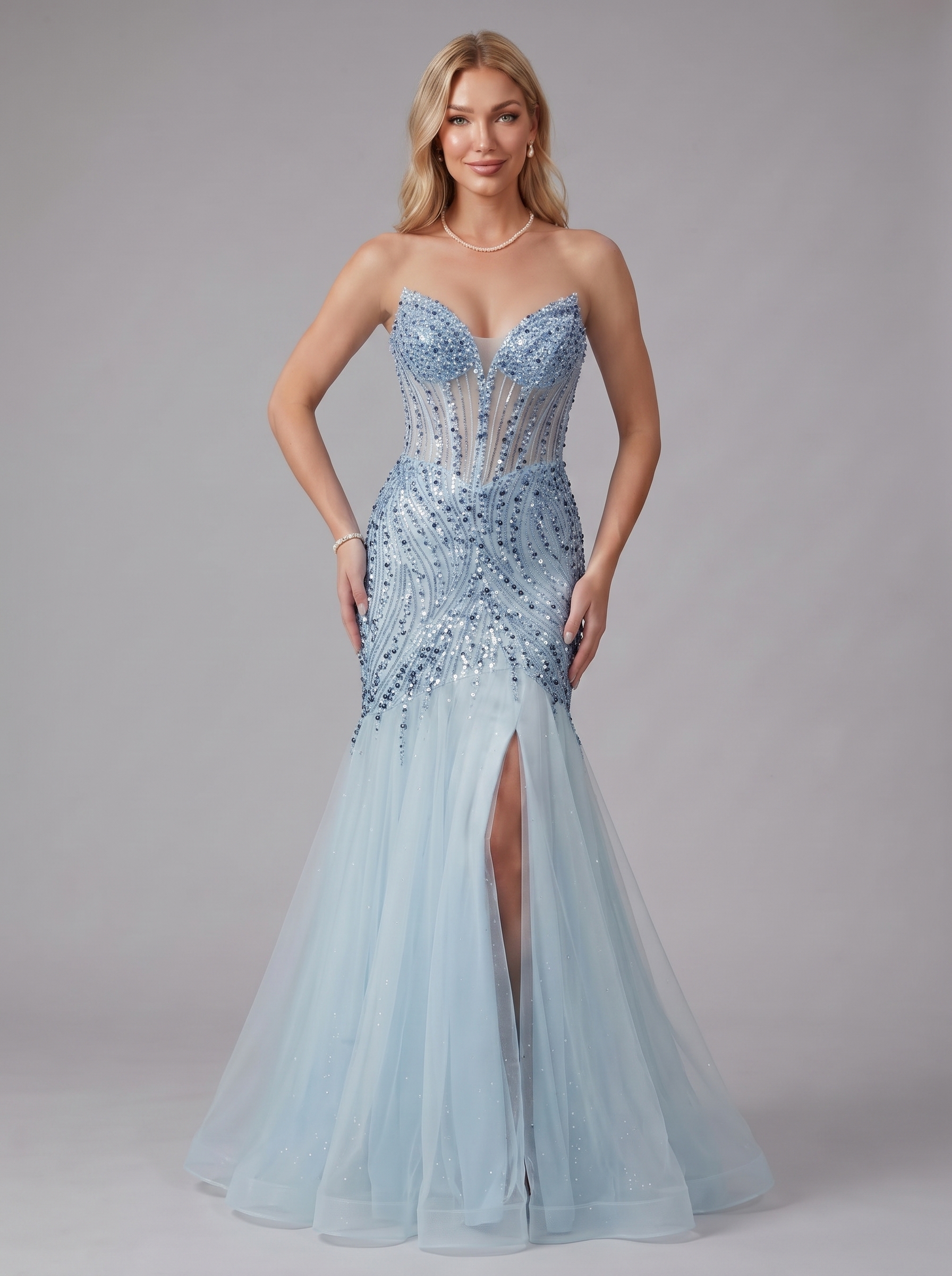 SPU - 608S20LF003 Sky Blue Beaded Sheer Mermaid Evening Gown