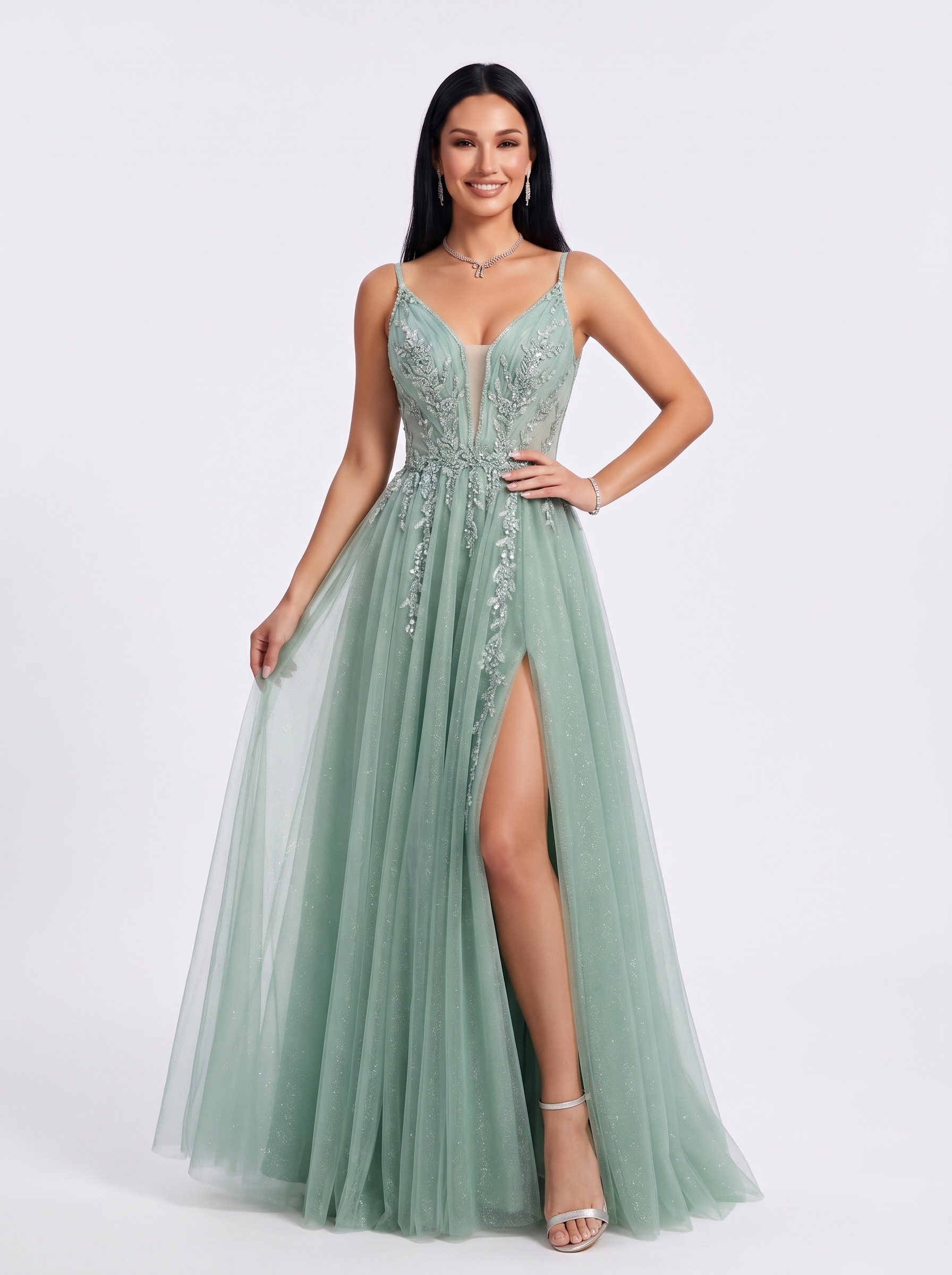 SPU - 608S20LF004 Sage Green Lace A‑Line Tulle Prom Dress