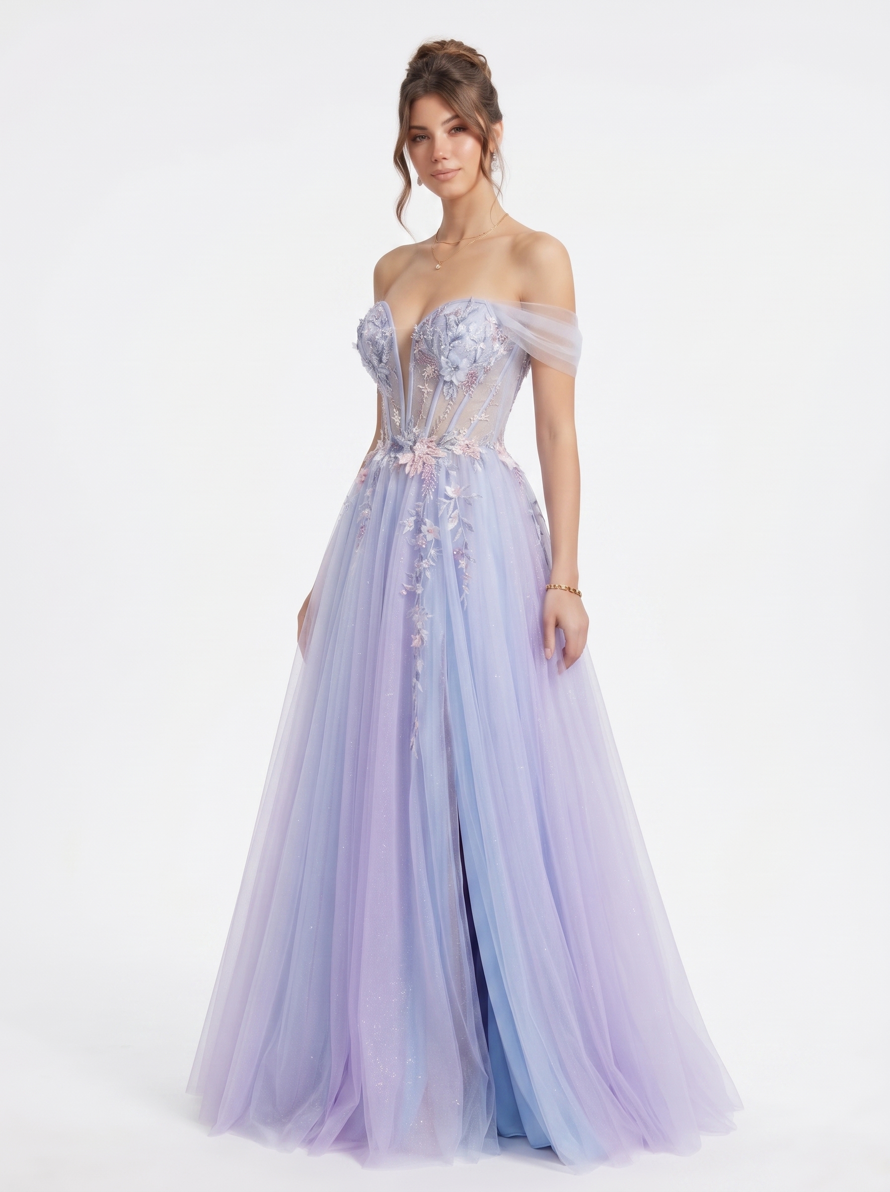 SPU - 608S20LF015 Lavender Floral Off‑Shoulder Tulle Gown
