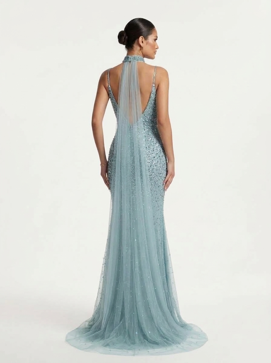 SPU- 608S40LF003 Teal Beaded Slit Mermaid Prom Dress