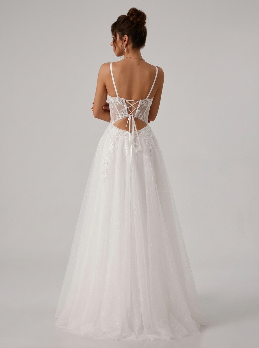 SPU - 608S20LF017 White Lace Spaghetti Strap A‑Line Wedding Gown