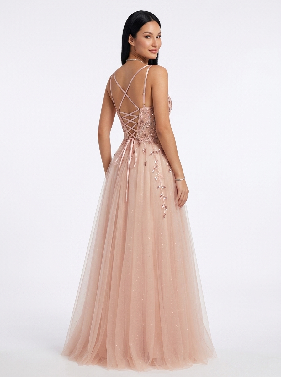 SPU - 608S20LF013 Blush Pink Sequin Spaghetti Strap Prom Gown