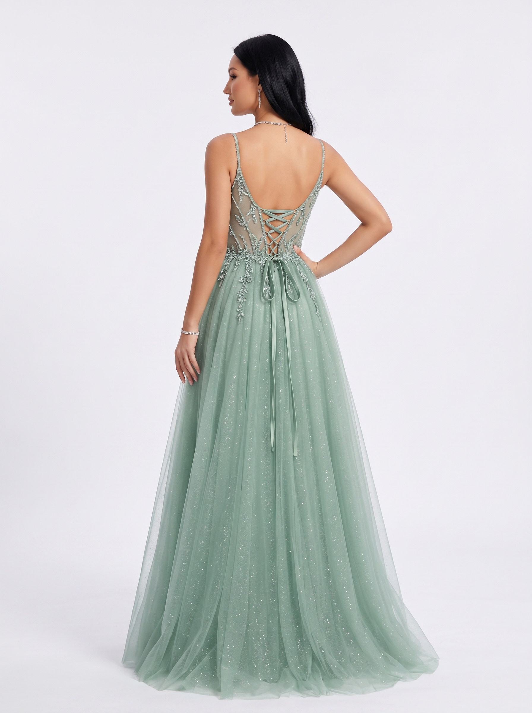 SPU - 608S20LF004 Sage Green Lace A‑Line Tulle Prom Dress
