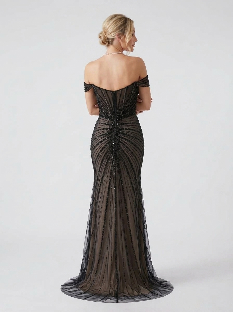 SPU - 608S20LF011 Black Beaded Sheer Off‑Shoulder Mermaid Gown