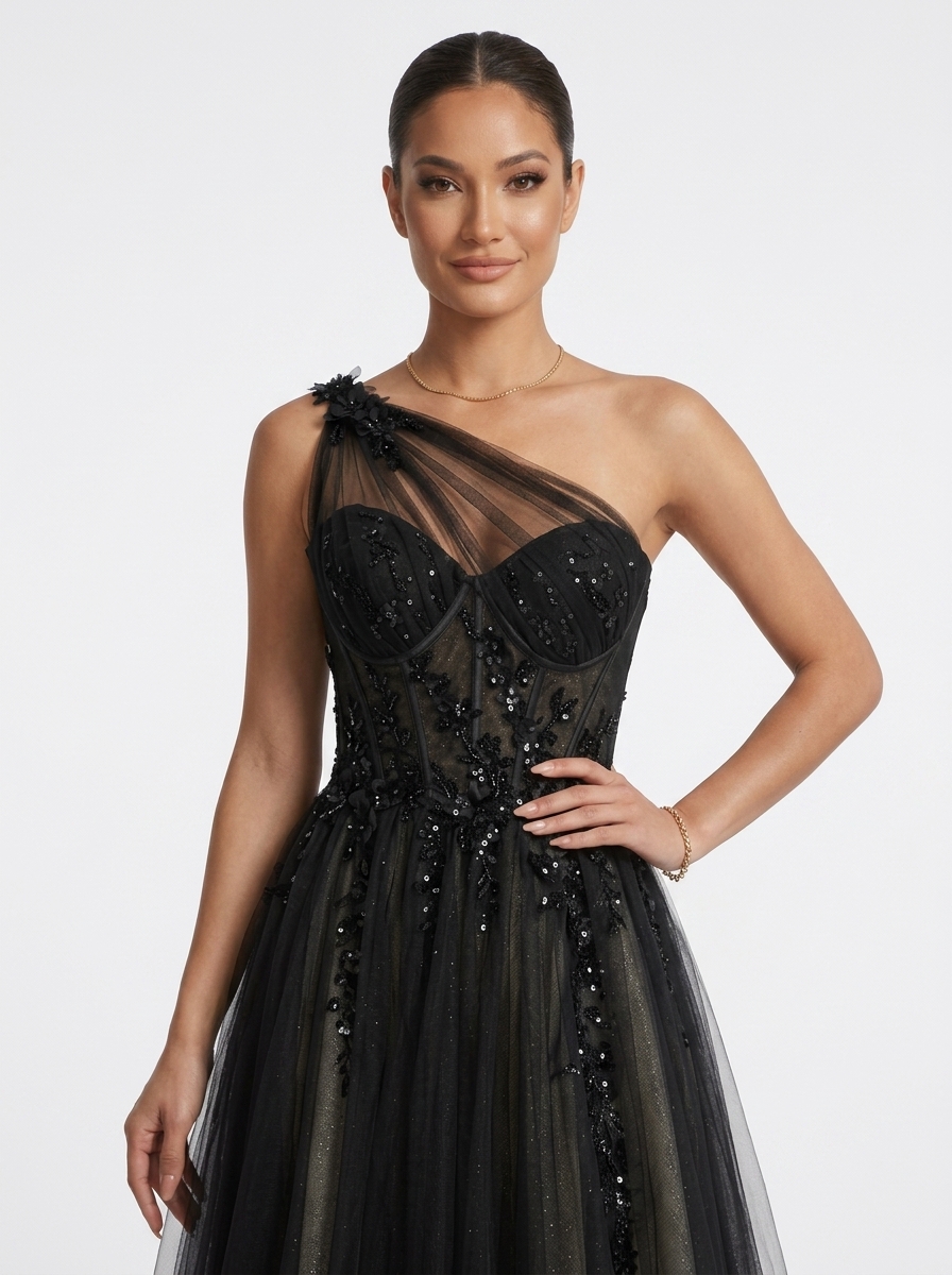 SPU - 608S20LF001 One‑Shoulder Tulle Lace A‑Line Evening Gown