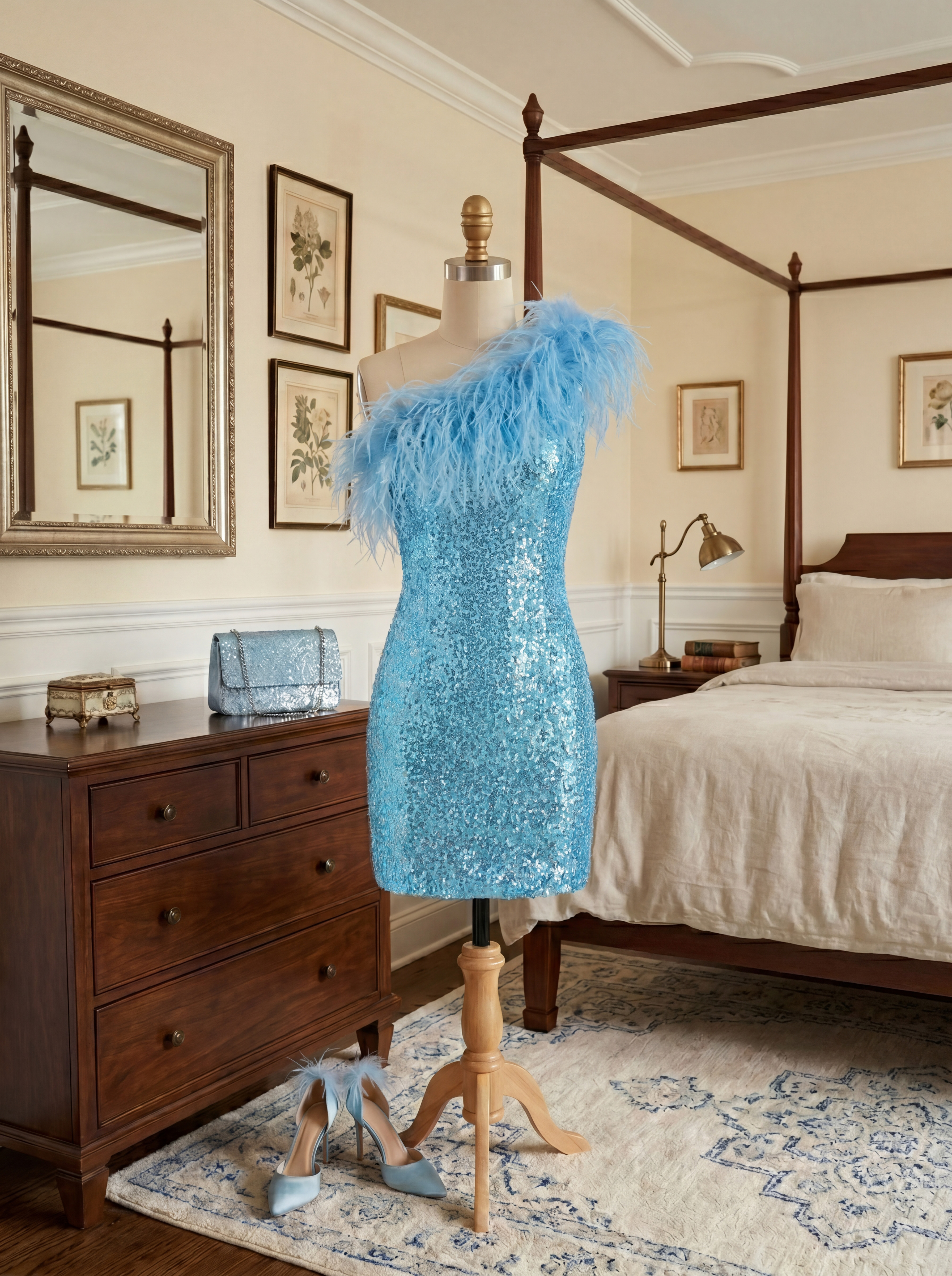 Blue Feather One Shoulder Sequin Homecoming Dress | Tight Bodycon Mini Party Dress for Graduation & Prom & Night Out