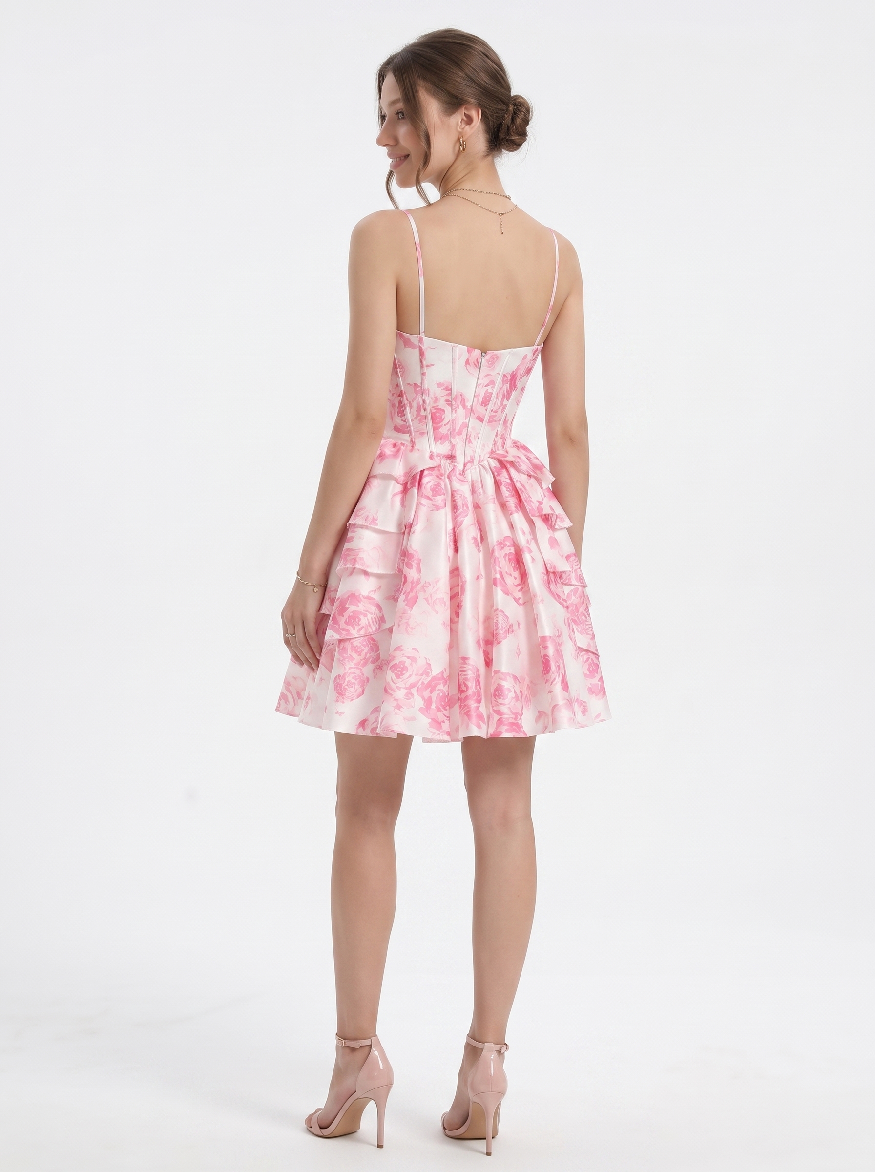 SKU - 608S02LF0031  Pink Corset A-Line Floral Homecoming Dress