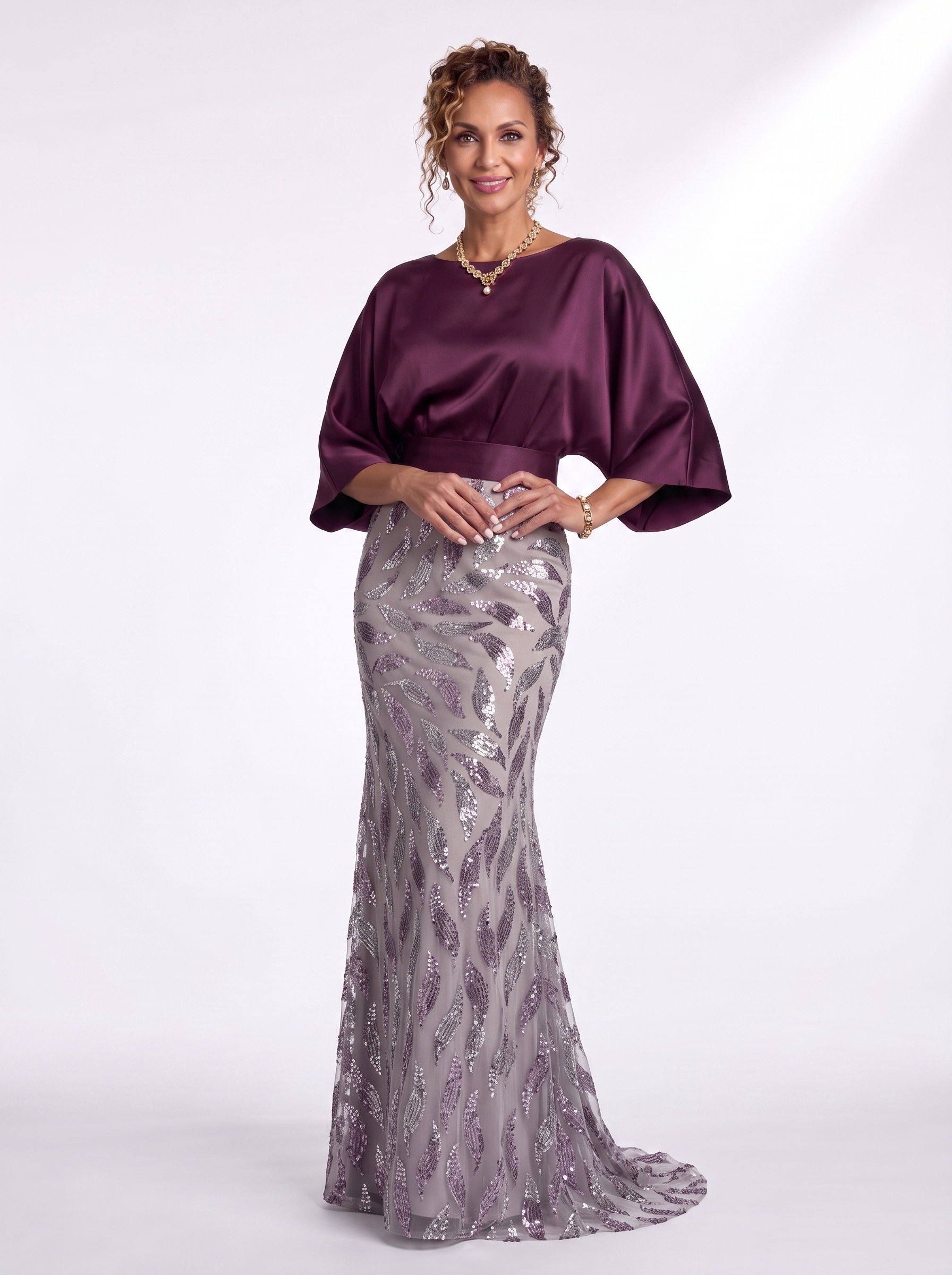 Dark Plum Satin Dolman Evening Gown - Sequin Mermaid Grandmother of the Bride Dress with Wide Waistband