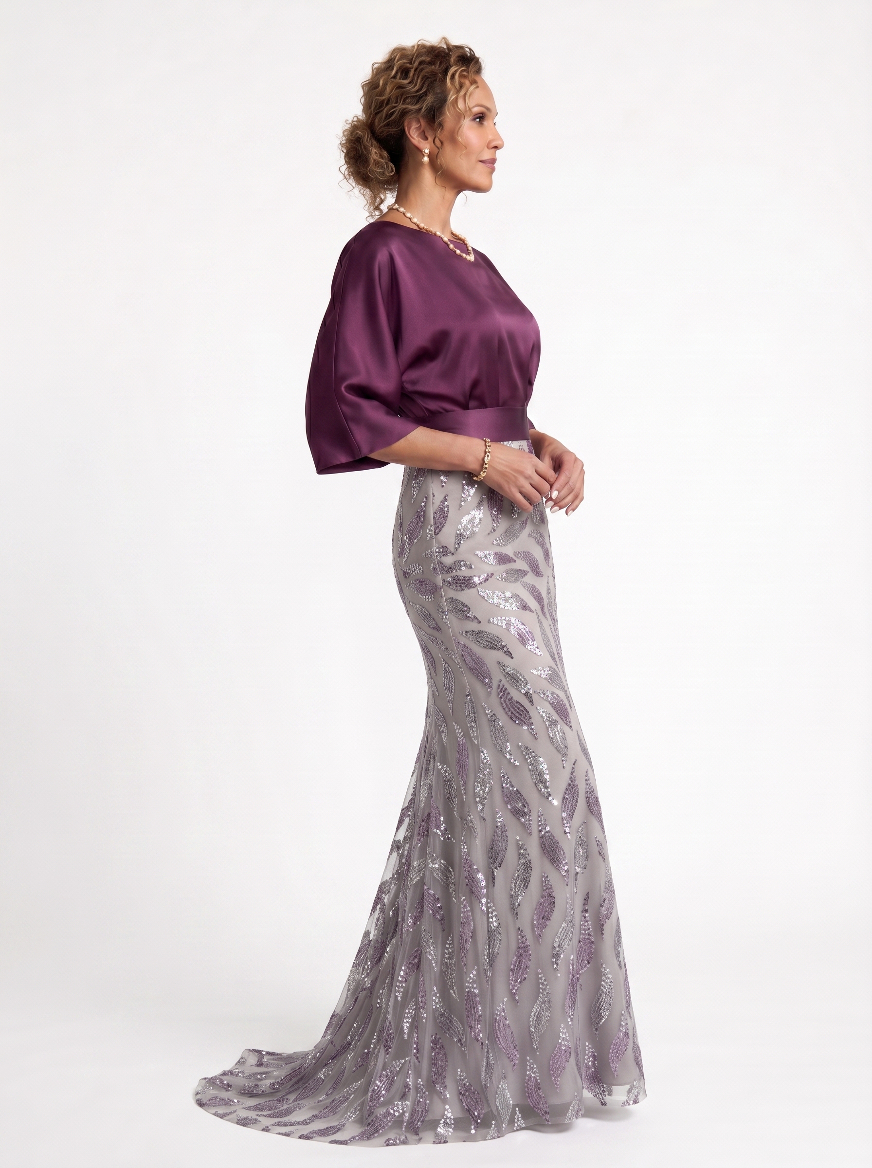 Dark Plum Satin Dolman Evening Gown - Sequin Mermaid Grandmother of the Bride Dress with Wide Waistband